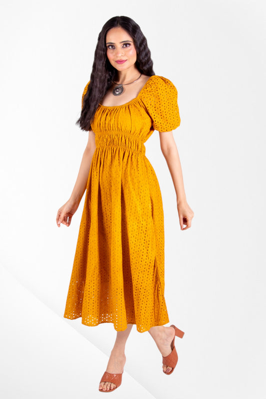 Schiffli Yellow Dress With Side Pockets
