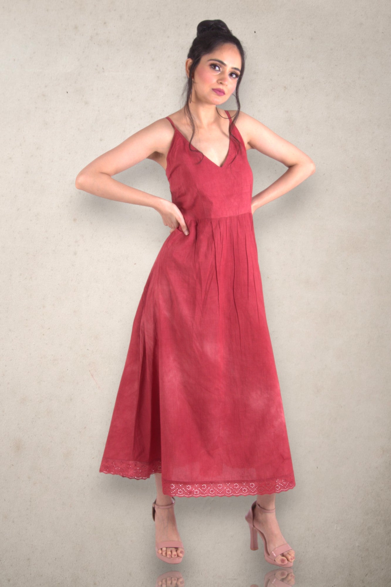 Summer Cotton Red Ombre Dress With Side Pockets