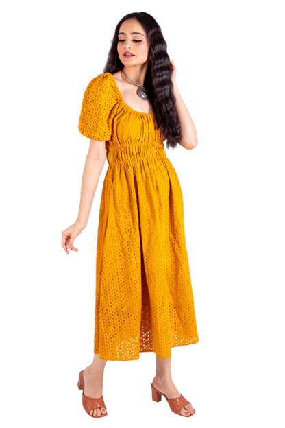 Schiffli Yellow Dress With Side Pockets