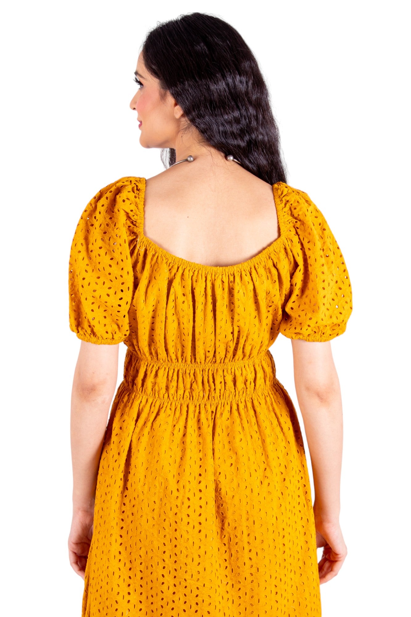 Schiffli Yellow Dress With Side Pockets