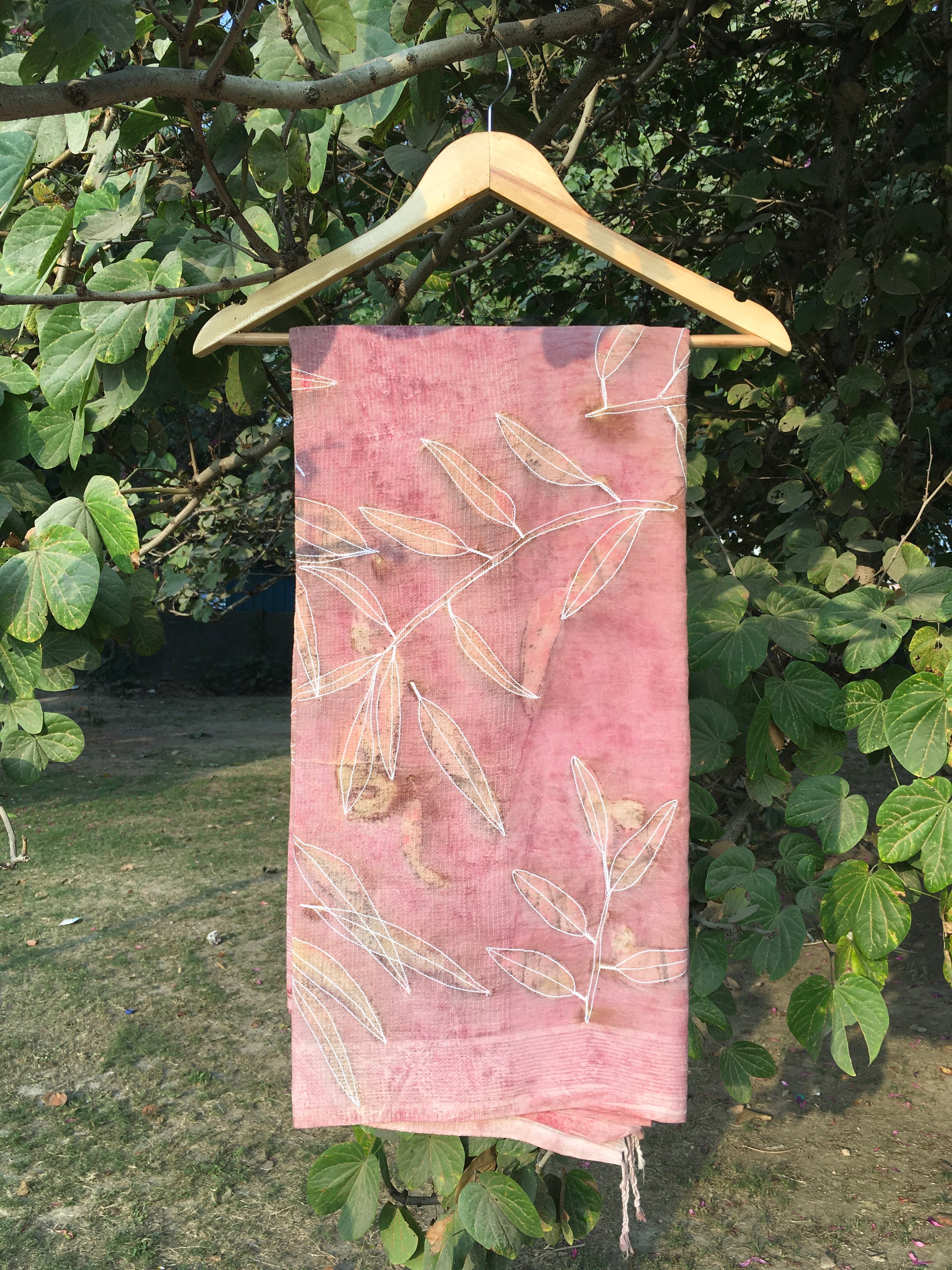 Hand Embroidered and Eco-Printed Pink Saree