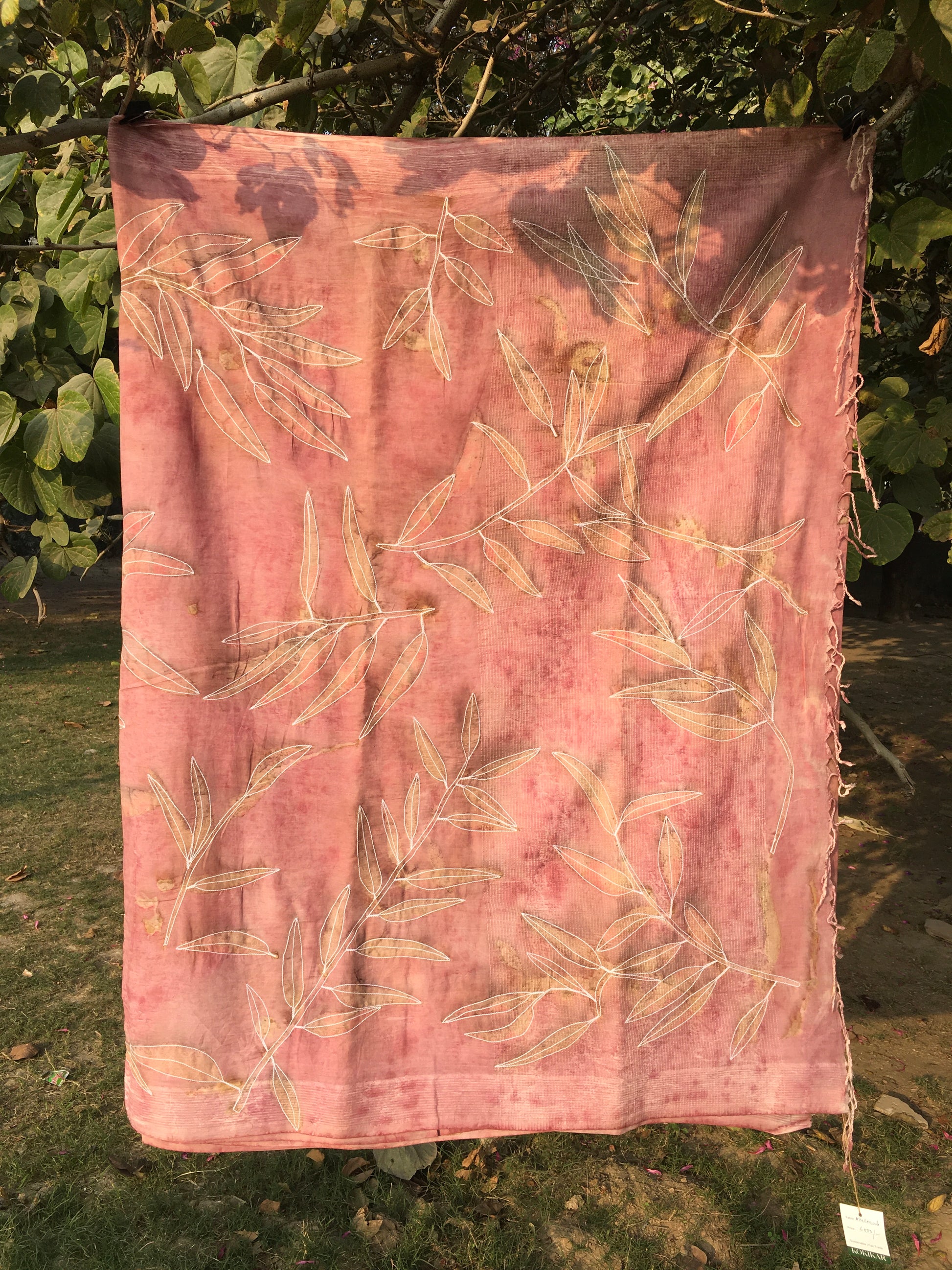 Hand Embroidered and Eco-Printed Pink Saree