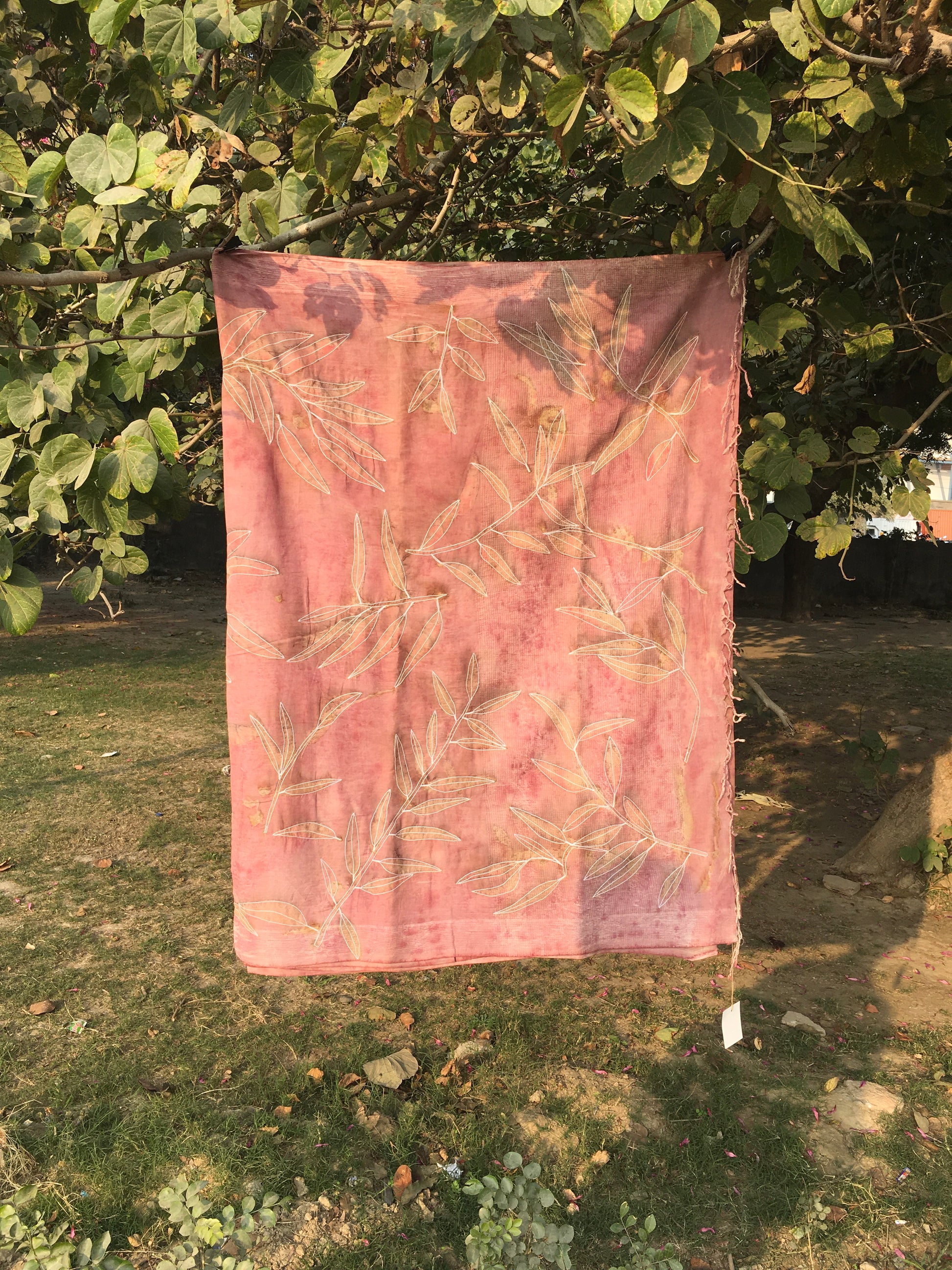 Hand Embroidered and Eco-Printed Pink Saree