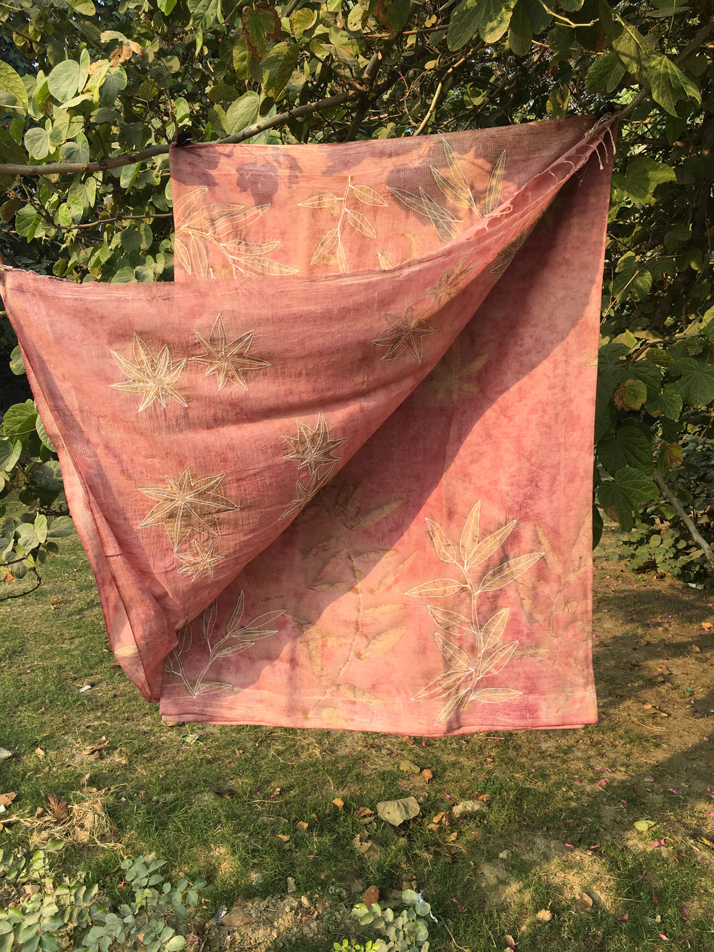 Hand Embroidered and Eco-Printed Pink Saree