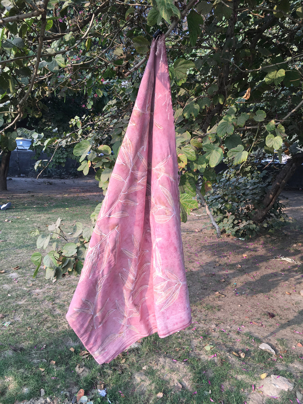 Hand Embroidered and Eco-Printed Pink Saree