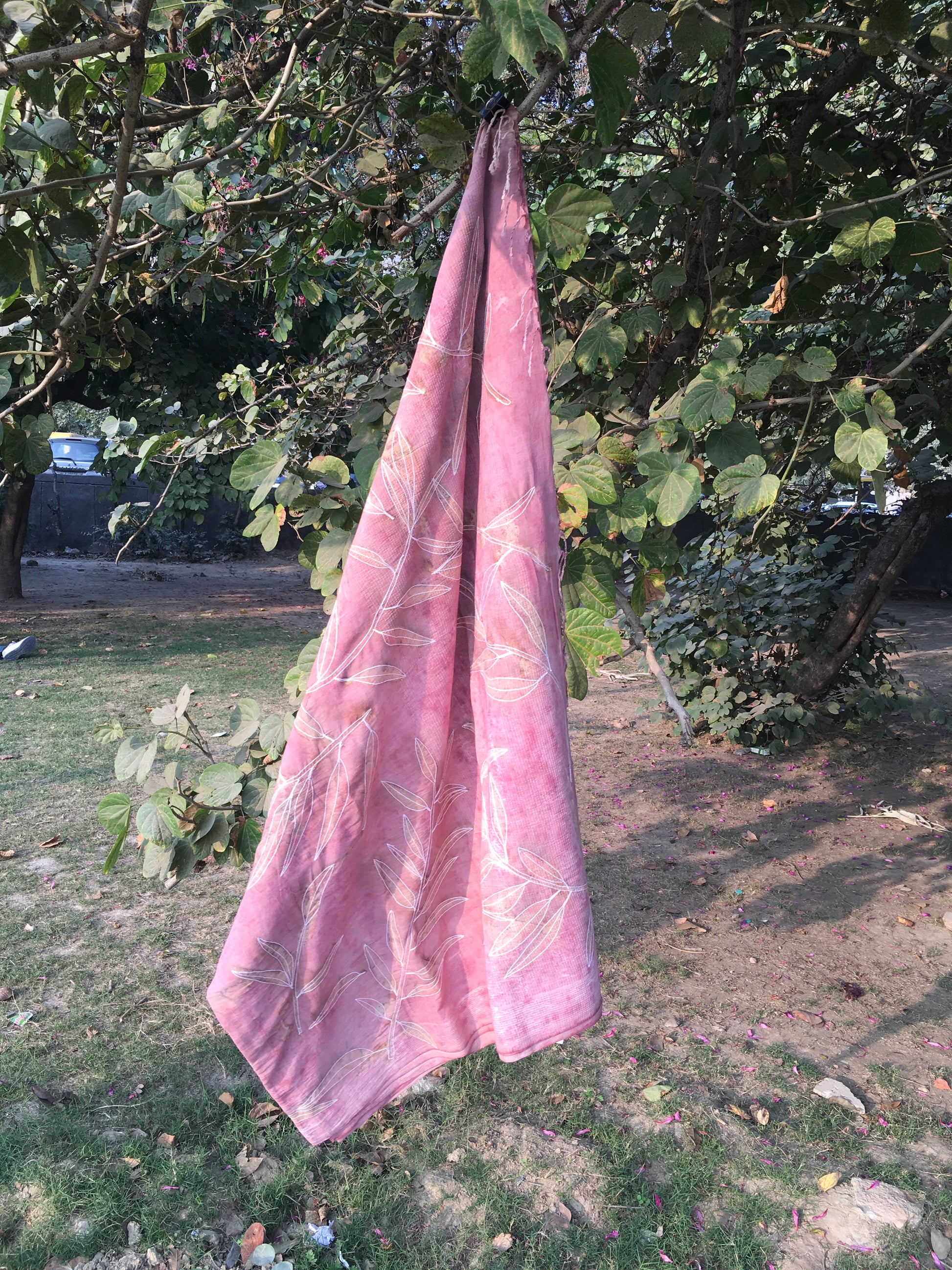 Hand Embroidered and Eco-Printed Pink Saree