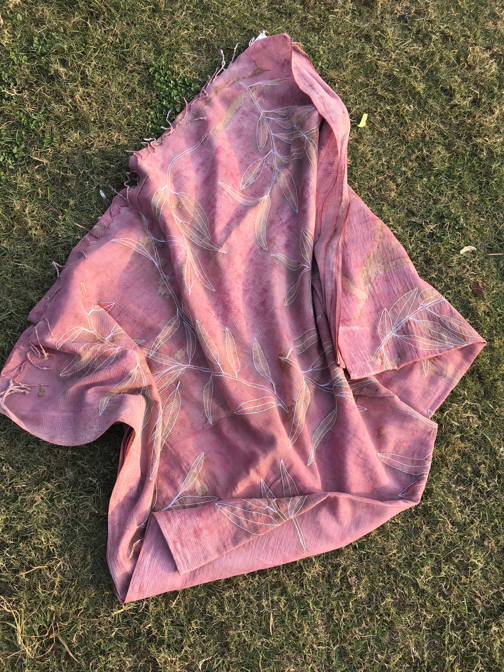 Hand Embroidered and Eco-Printed Pink Saree