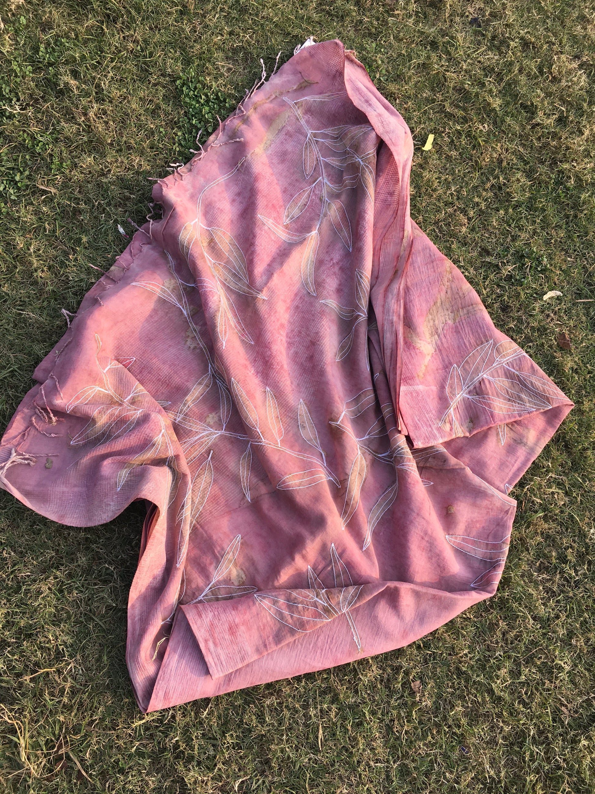 Hand Embroidered and Eco-Printed Pink Saree