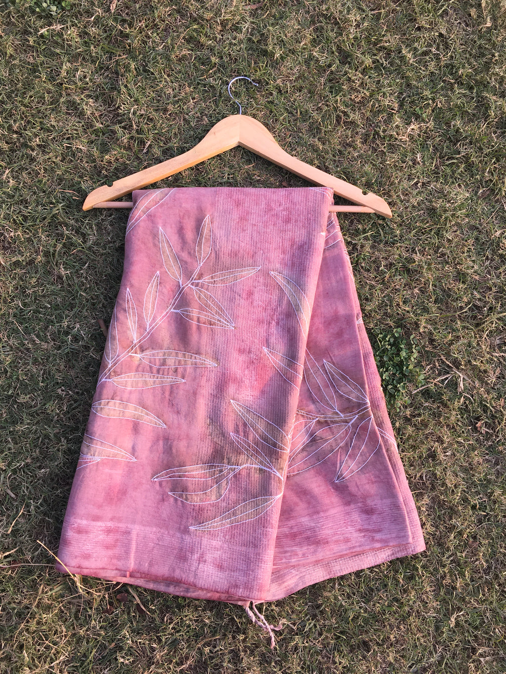 Hand Embroidered and Eco-Printed Pink Saree