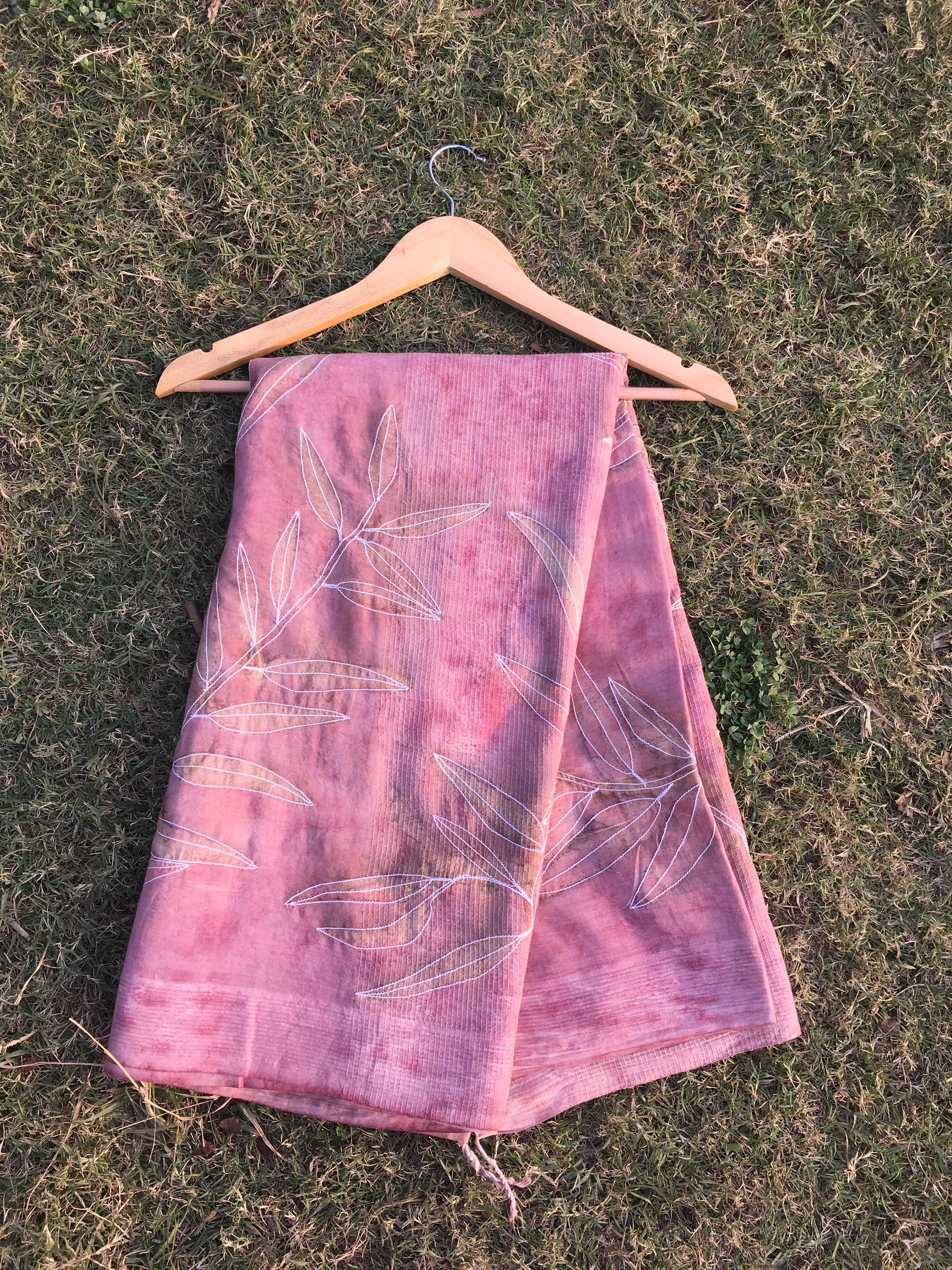 Hand Embroidered and Eco-Printed Pink Saree