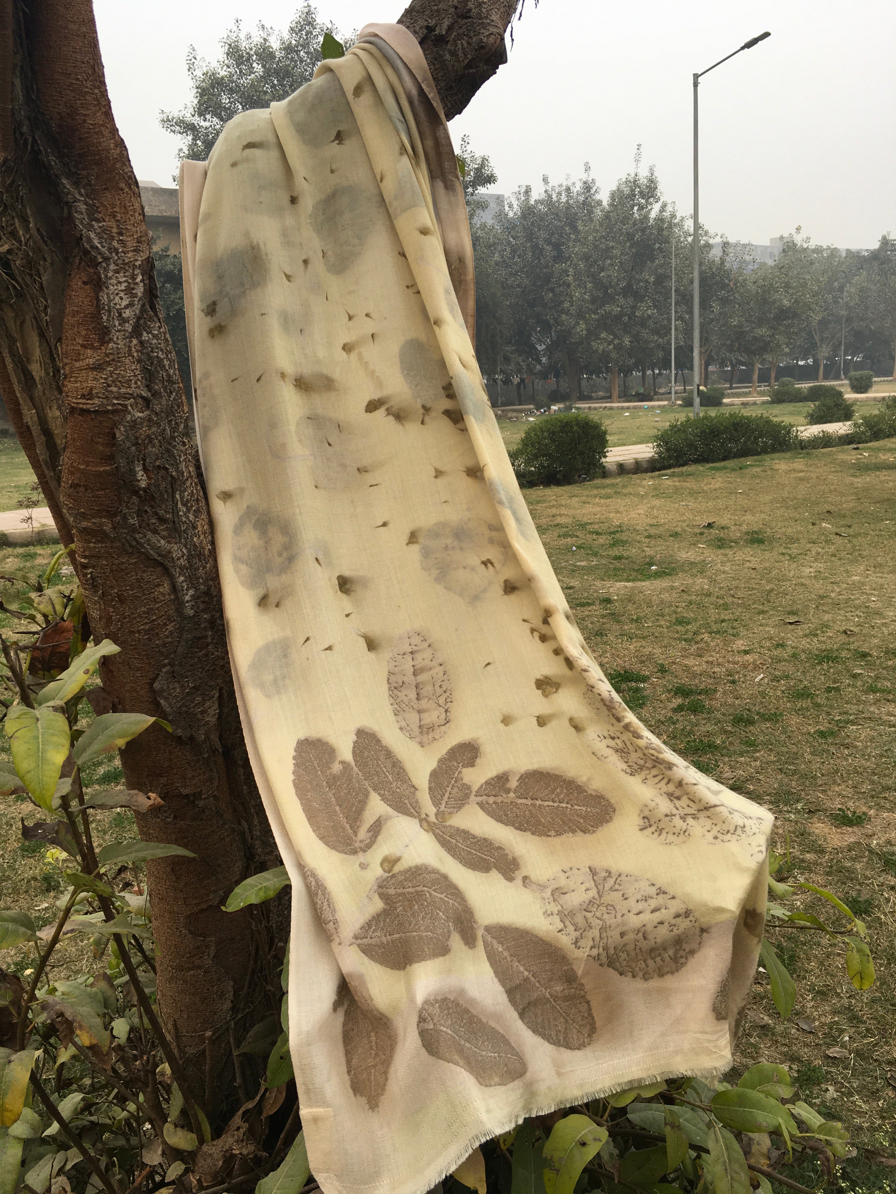 Ecoprinted Pashmina shawl with Guava & Pepal leaves | Marigold petals | Naturally dyed