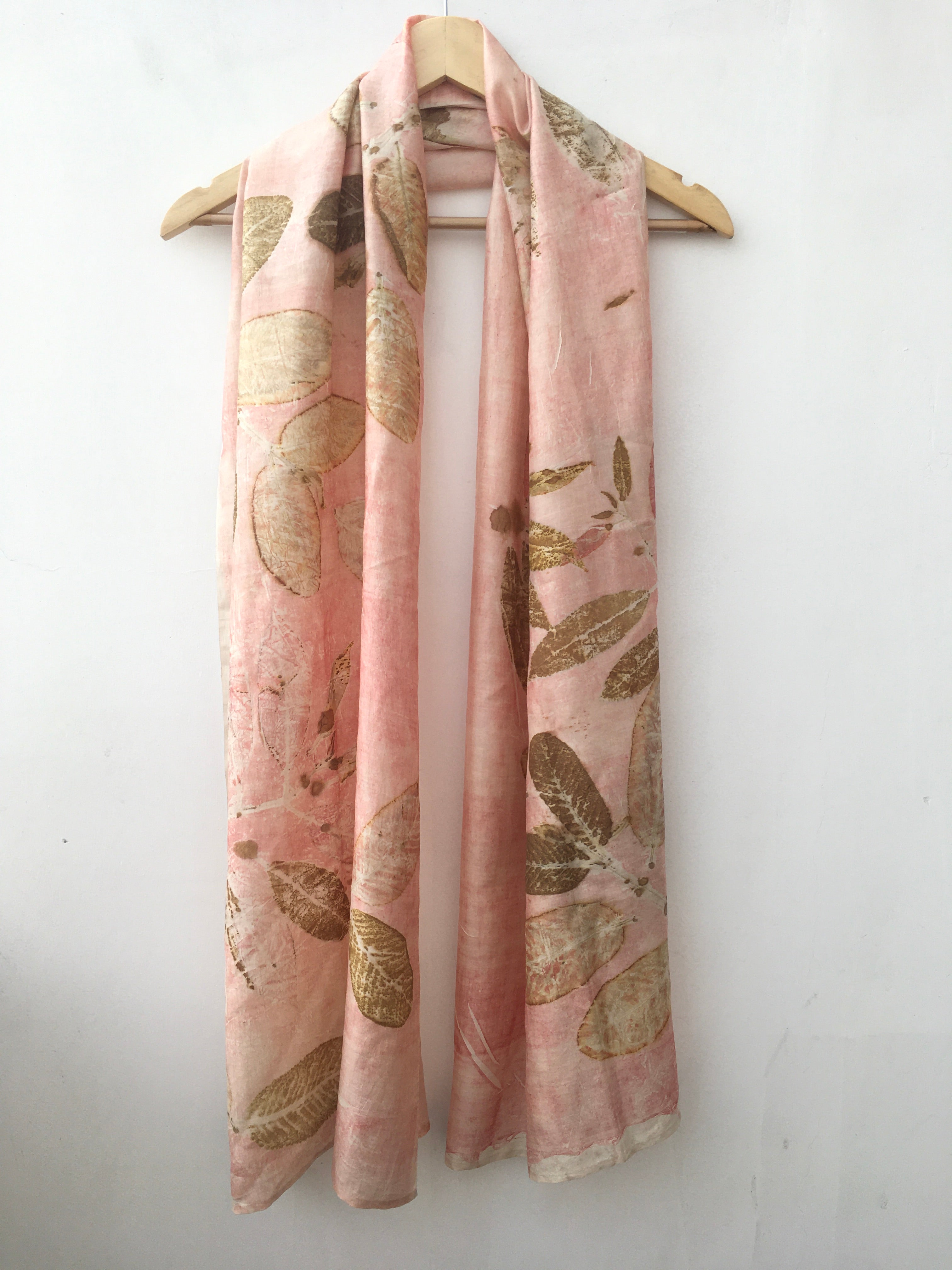 Sappanwood dyed pure silk scarf with jamun & guava leaves