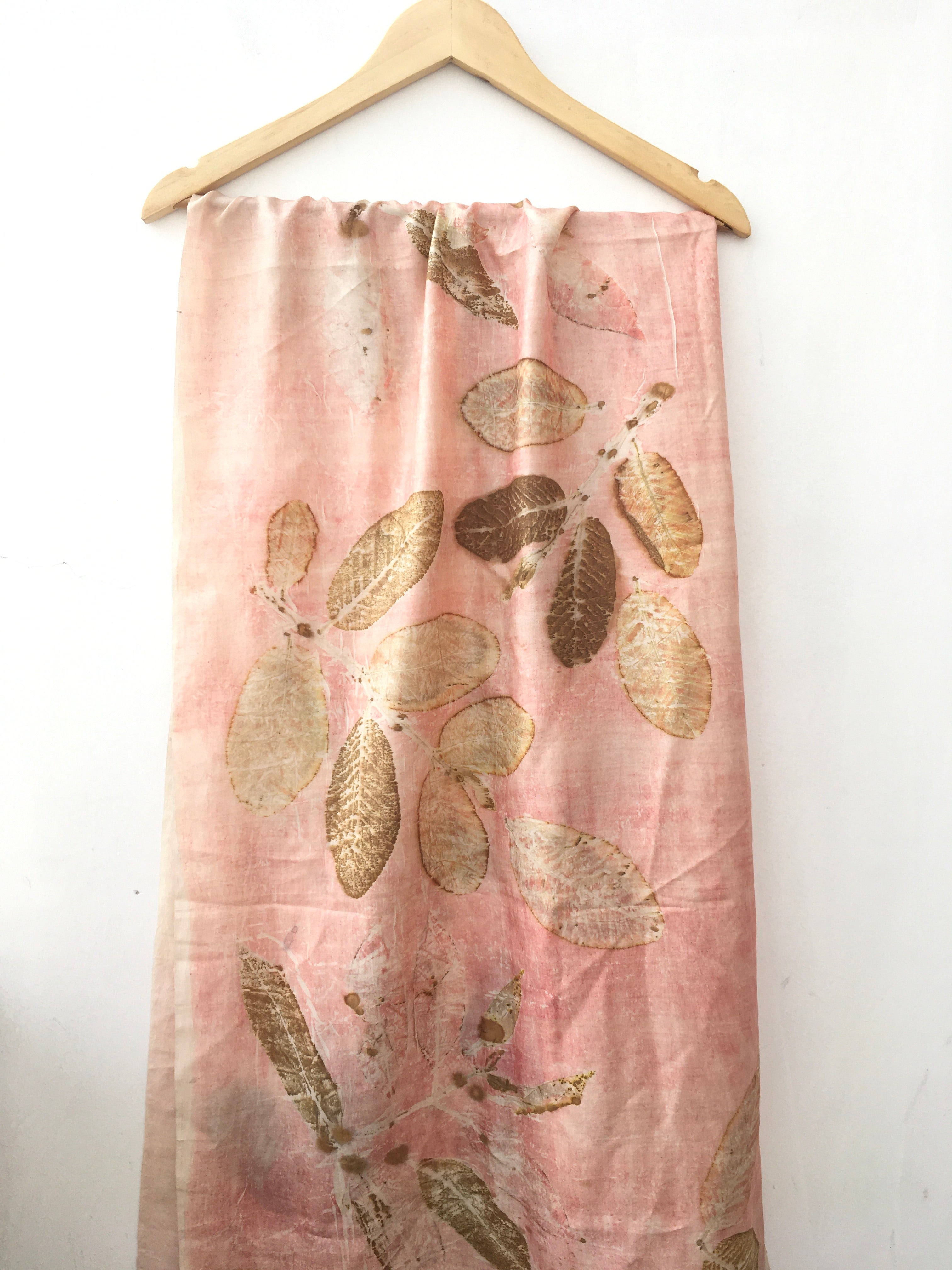 Sappanwood dyed pure silk scarf with jamun & guava leaves