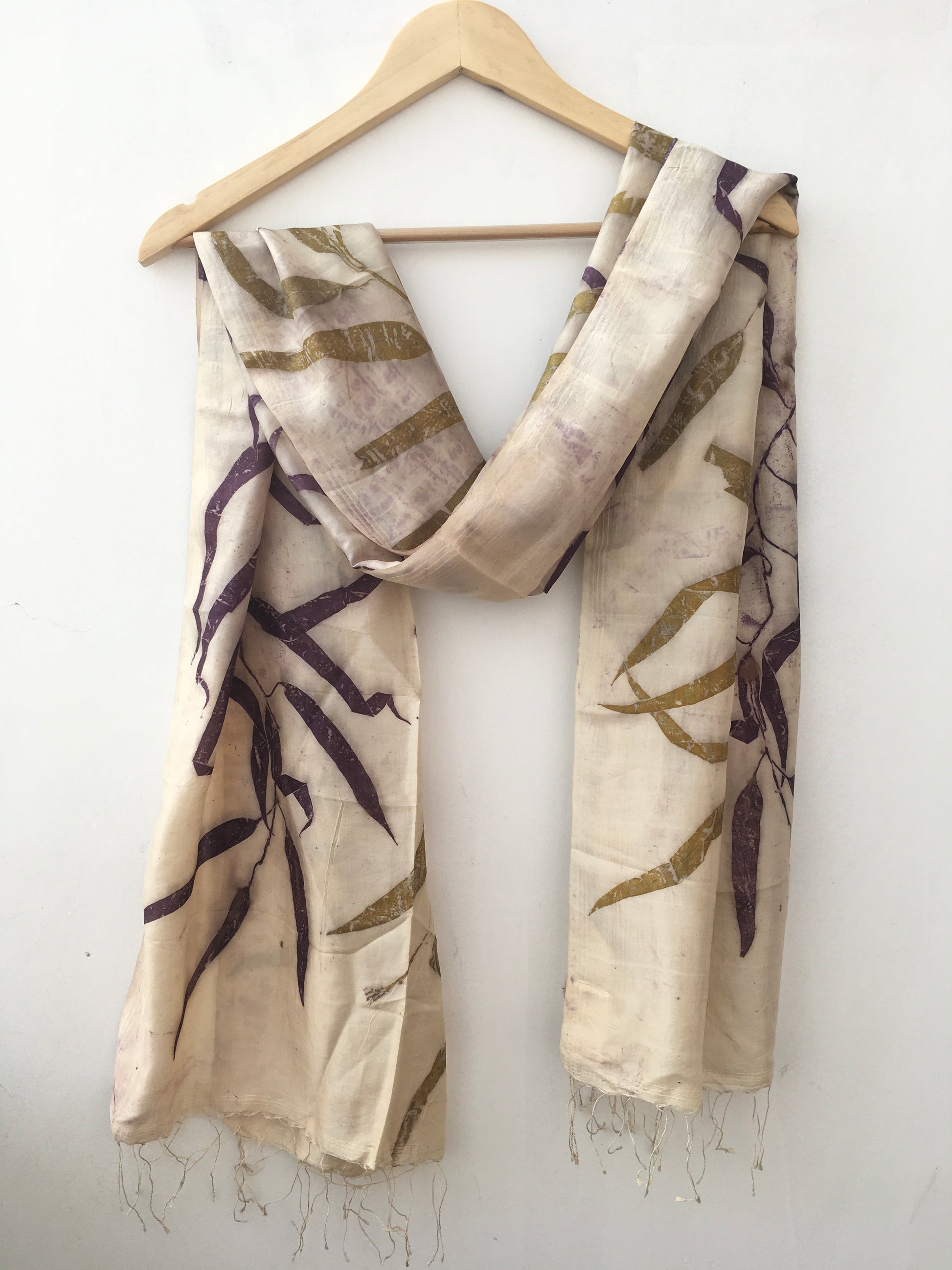 Walnut Pure Silk Scarf with Eucalyptus leaves