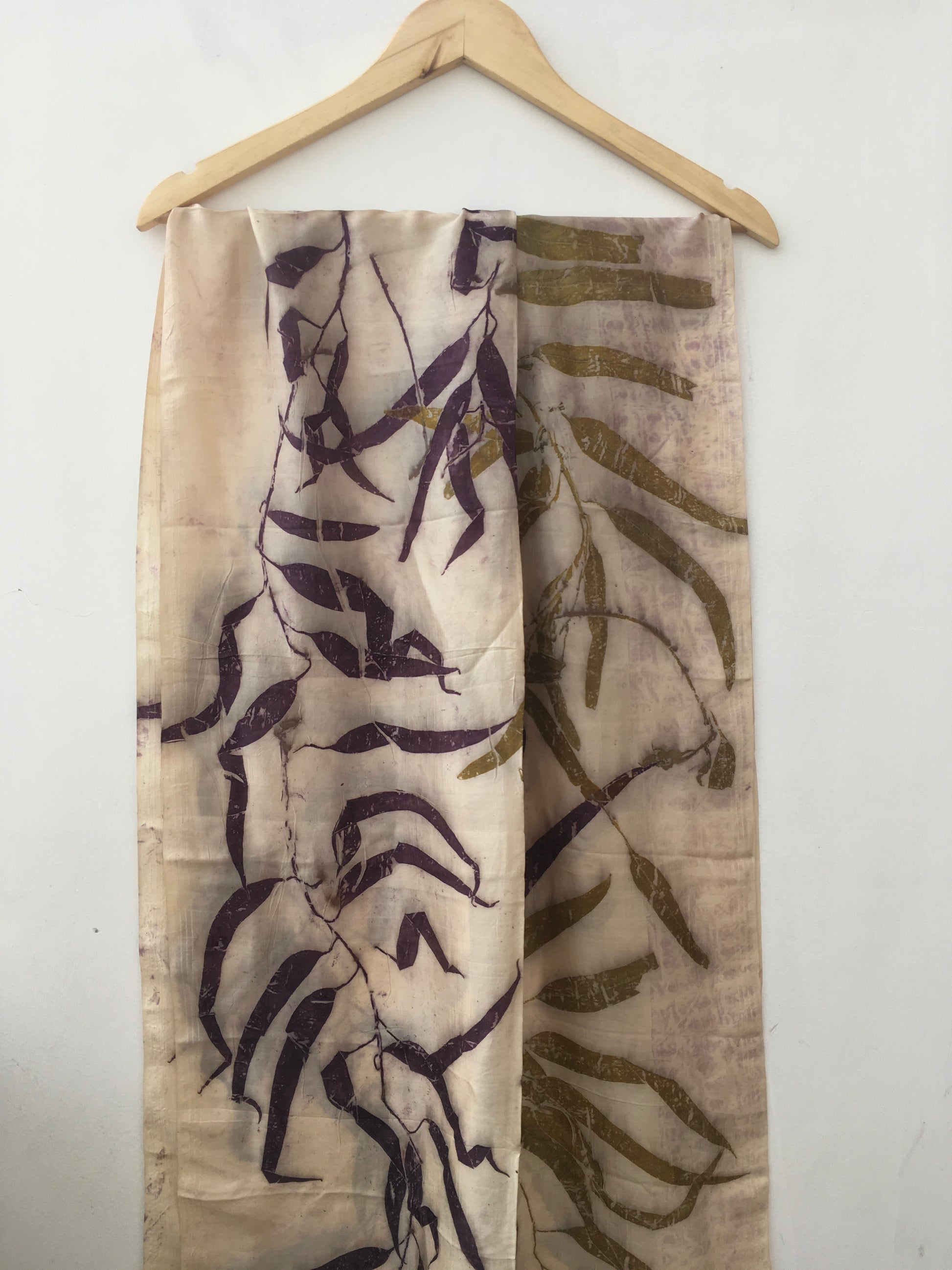 Walnut Pure Silk Scarf with Eucalyptus leaves