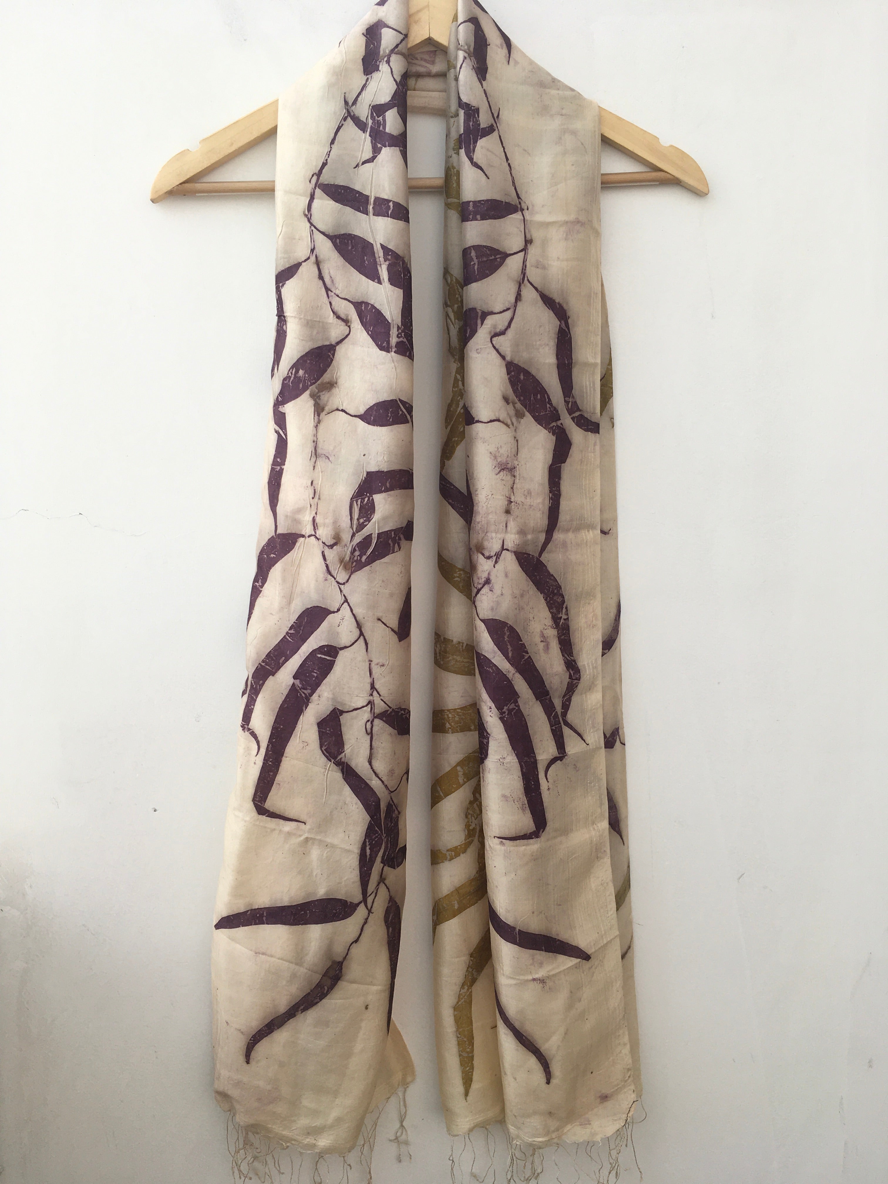 Walnut Pure Silk Scarf with Eucalyptus leaves