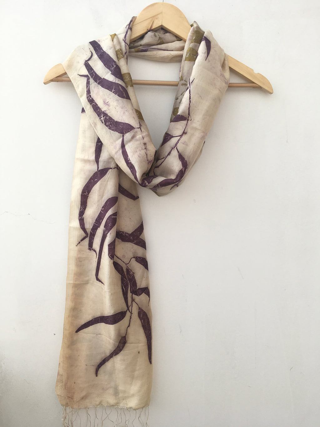 Walnut Pure Silk Scarf with Eucalyptus leaves