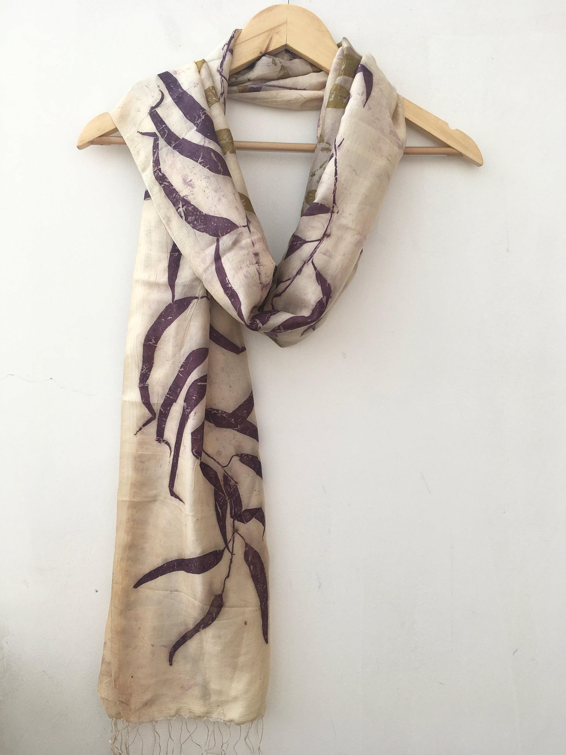 Walnut Pure Silk Scarf with Eucalyptus leaves