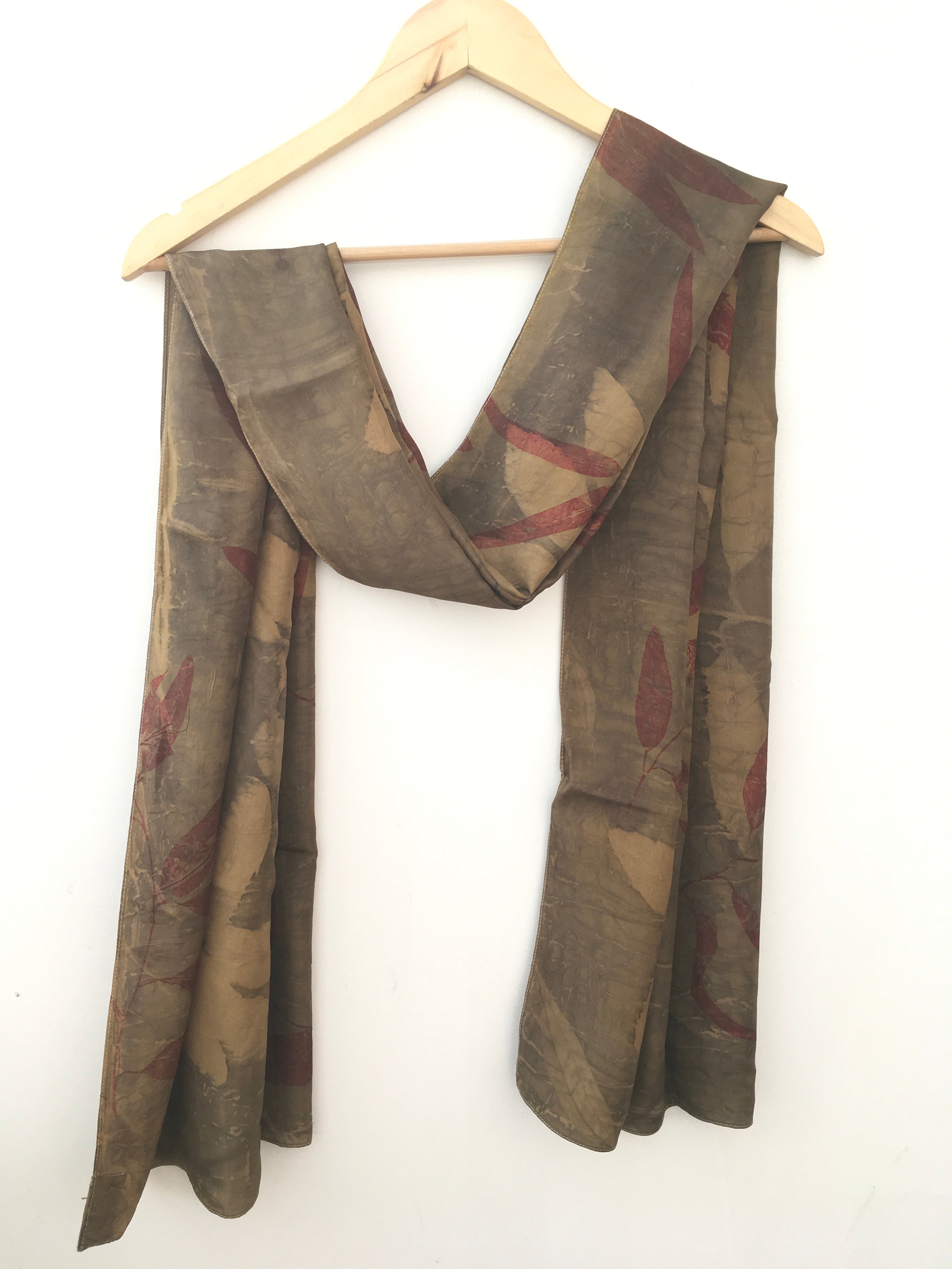 Grey Bush Eco-Printed Pure Silk Scarf with Local Leaves