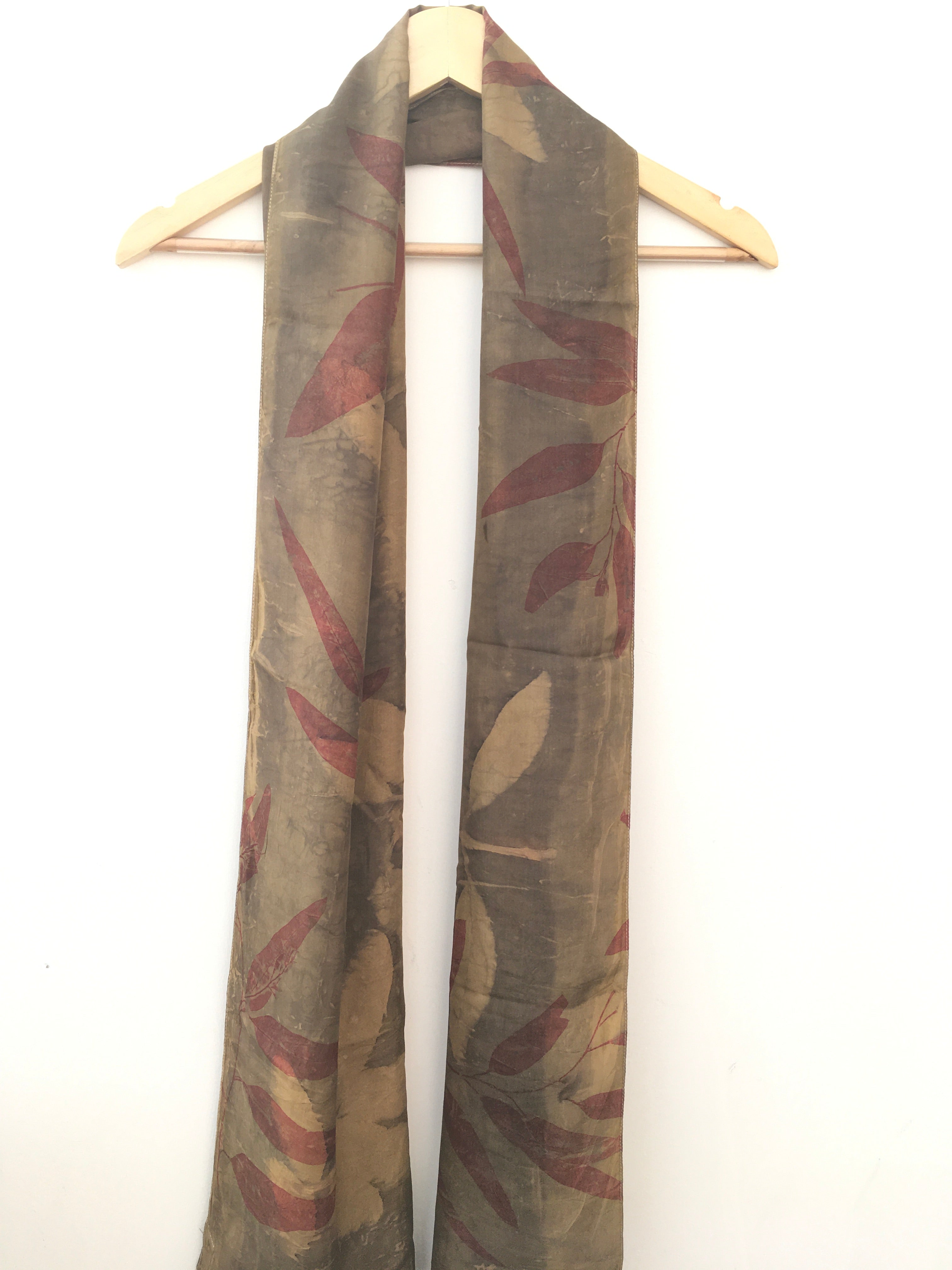 Grey Bush Eco-Printed Pure Silk Scarf with Local Leaves