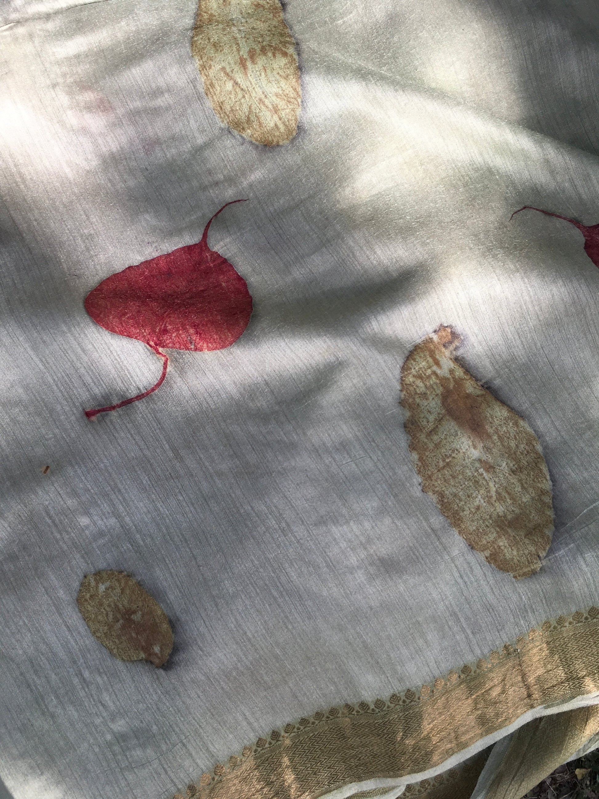 Close-up of Ecoprinted Matka Silk Saree with embroidered leaves on a light background