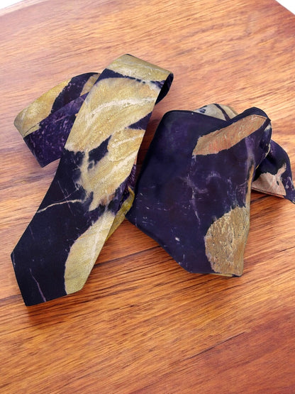 Ecoprinted Pure Silk Blue Tie and Pocket Square