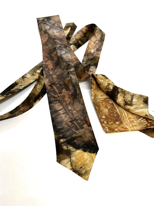 Ecoprinted Pure Silk Abstract Tie and Pocket Square