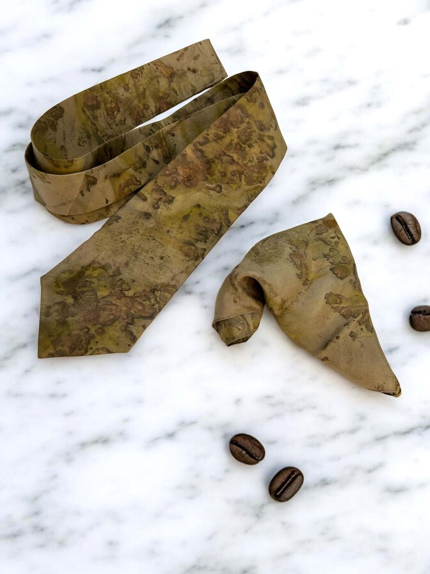 Ecoprinted Pure Silk Coffee Bean Tie and Pocket Square