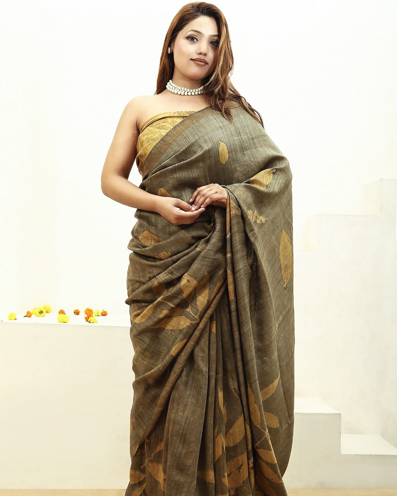 Jamun Ecoprinted pure matka silk saree girl standing straight