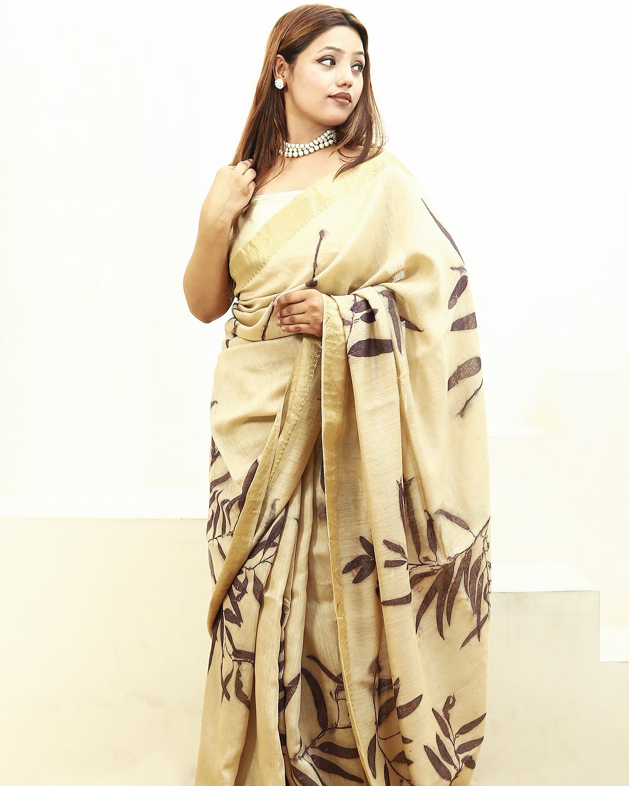 Lavender Ecoprinted Muga Silk Saree girl looking straight
