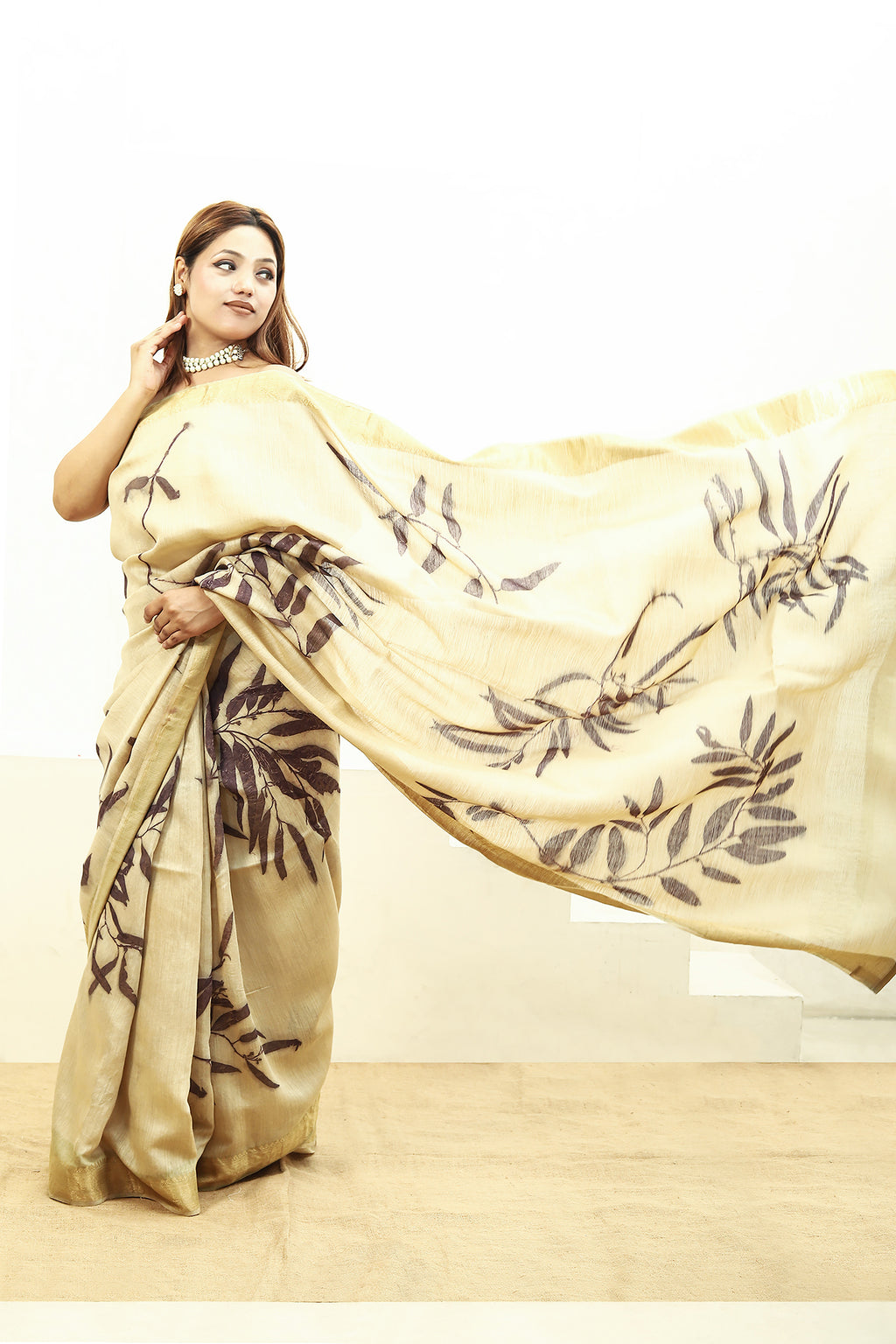 Lavender Ecoprinted Muga Silk Saree wind blowing 