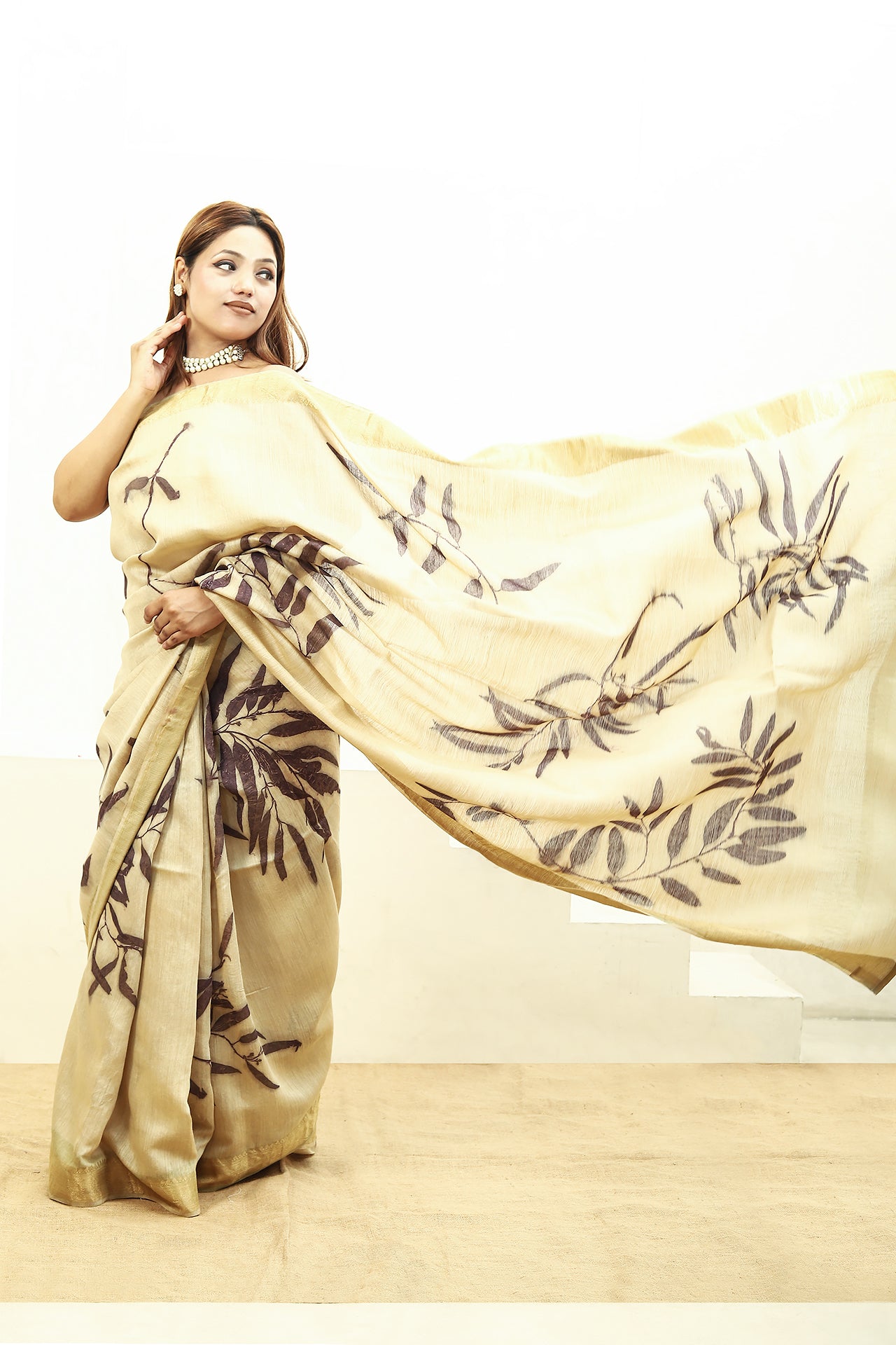 Lavender Ecoprinted Muga Silk Saree wind blowing 