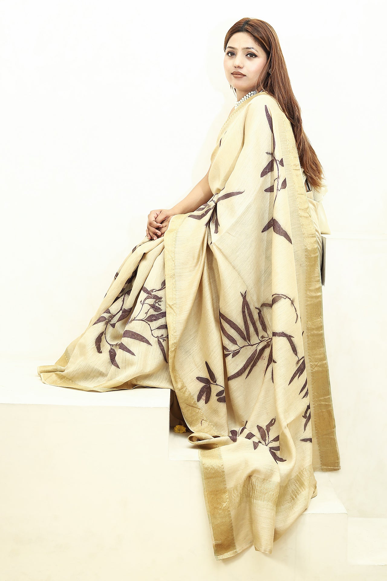 Lavender Ecoprinted Muga Silk Saree girl sitting on stairs