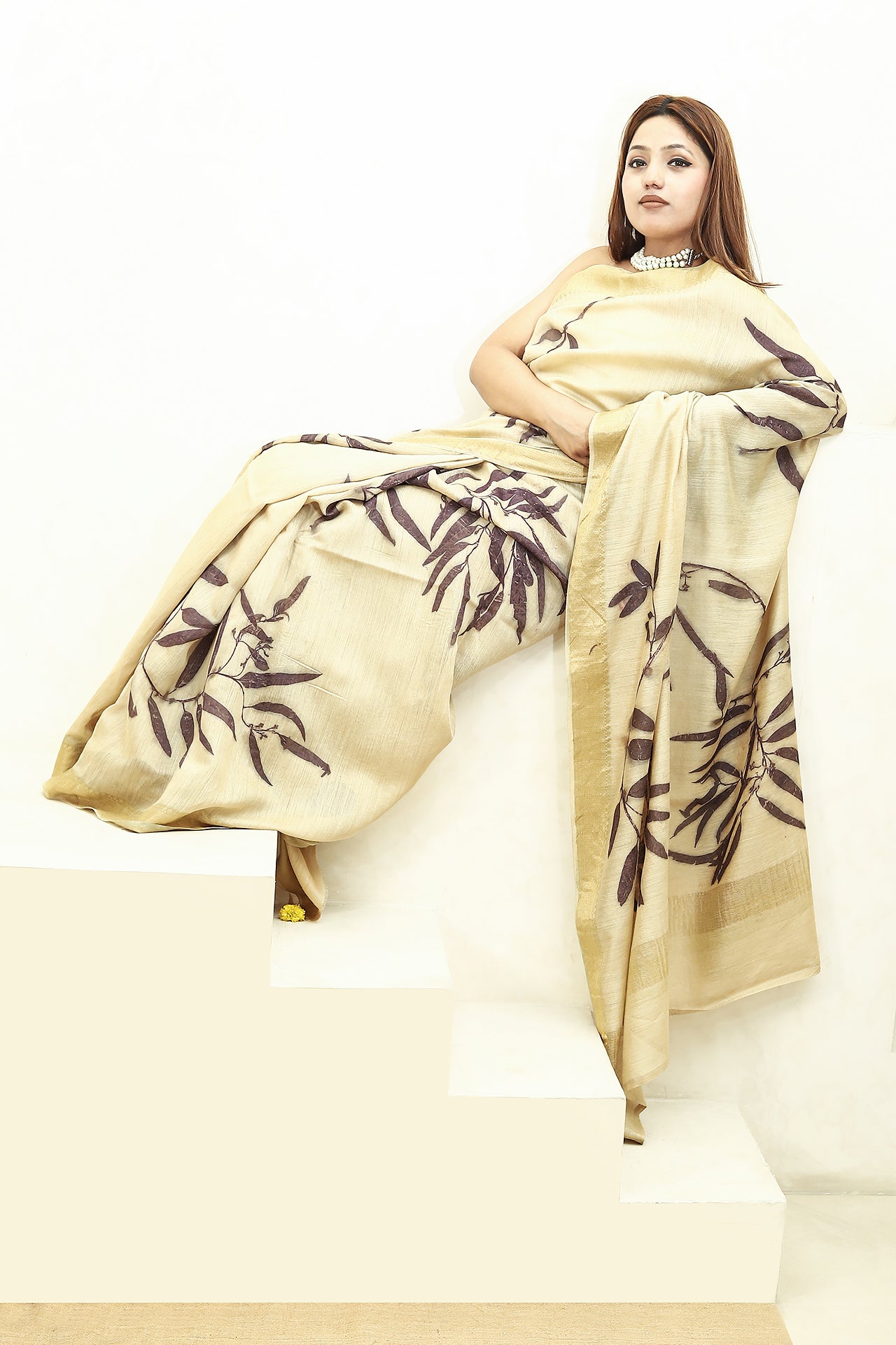 Lavender Ecoprinted Muga Silk Saree girl resting hand