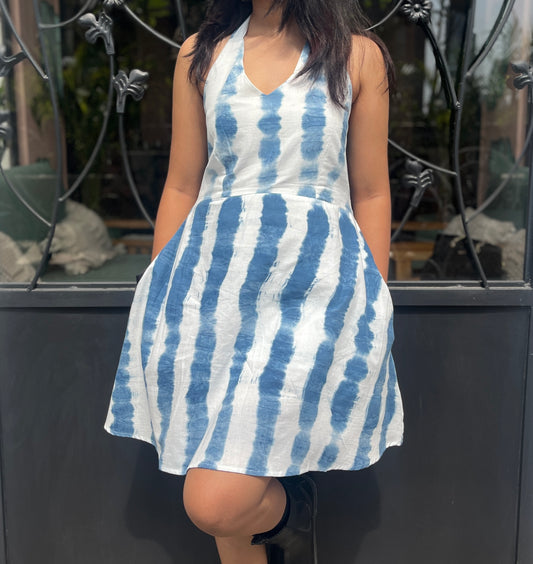Blue Stripe Halter Neck Cotton Dress