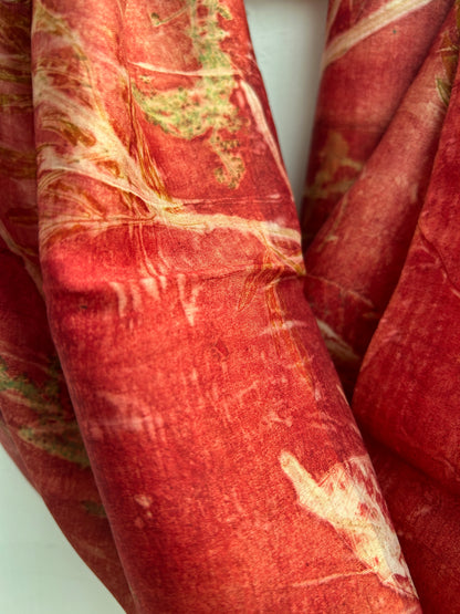 Red Ecoprinted Pure Silk Scarf