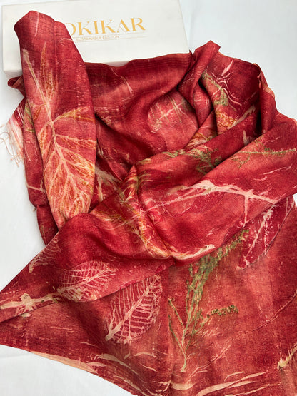 Red Ecoprinted Pure Silk Scarf