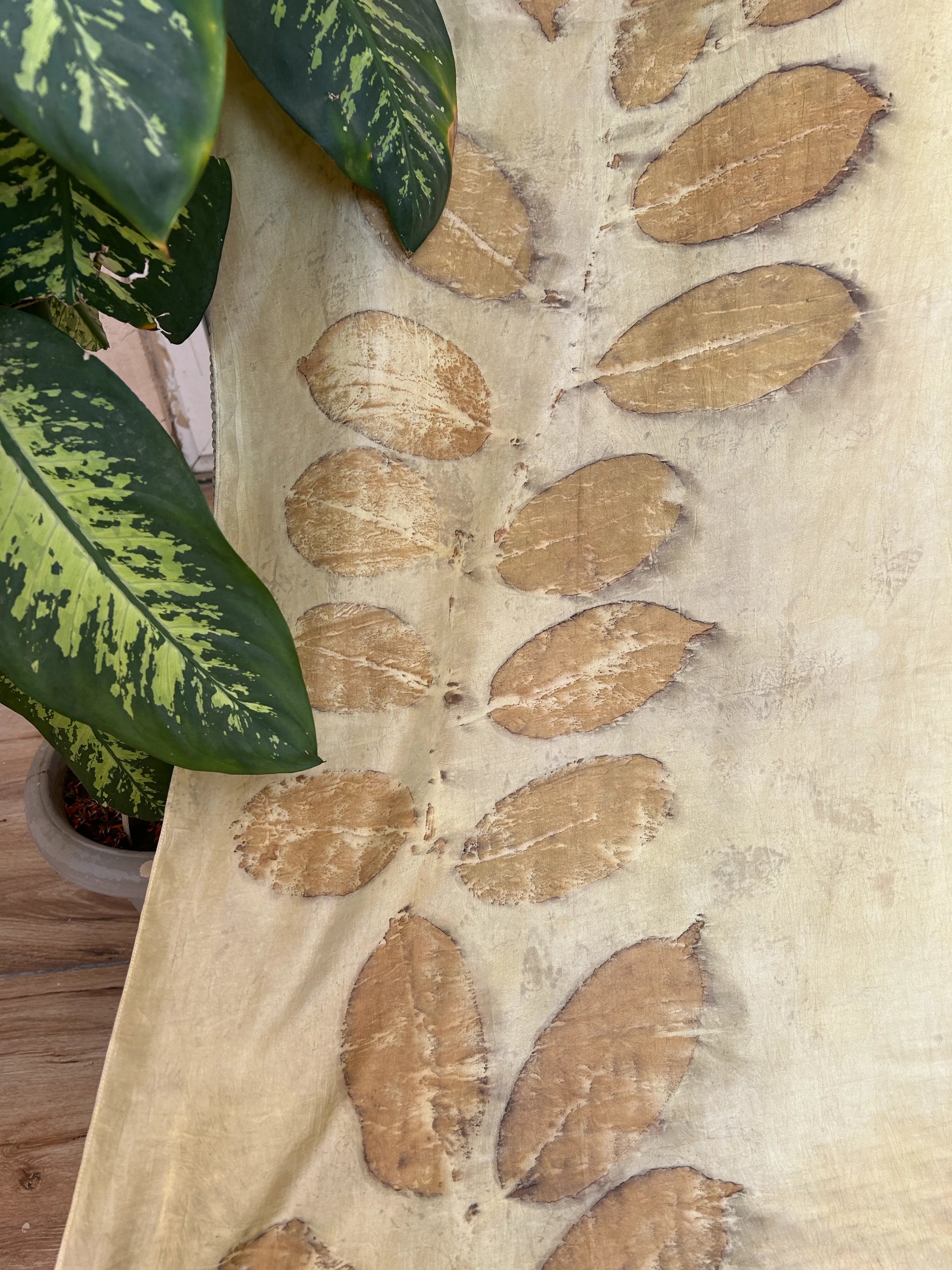 Marigold Pure silk scarf with Blackberry Leaves