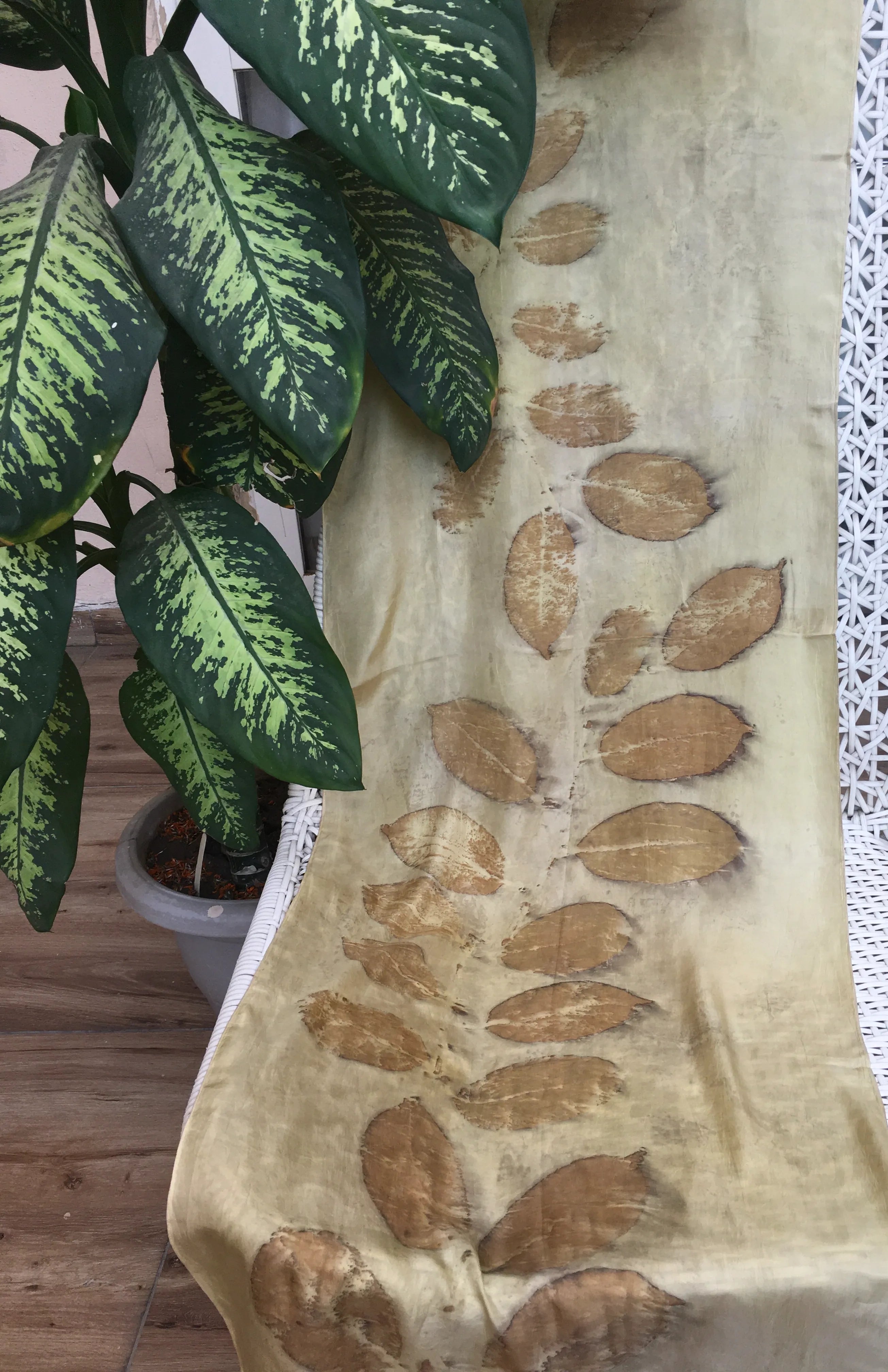 Marigold Pure silk scarf with Blackberry Leaves