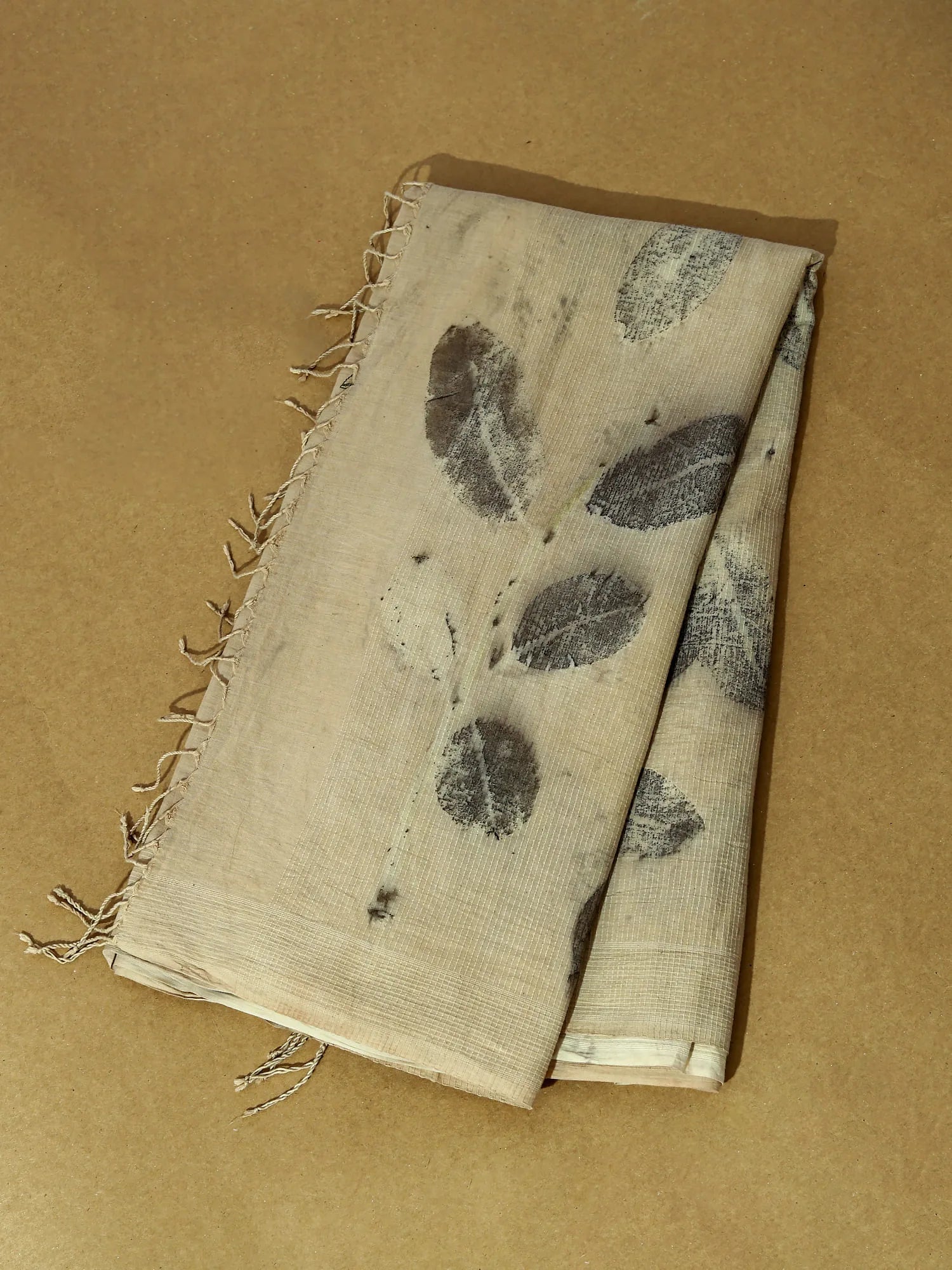 Jamun Whisper Ecoprinted Cotton Saree on the floor kokikar
