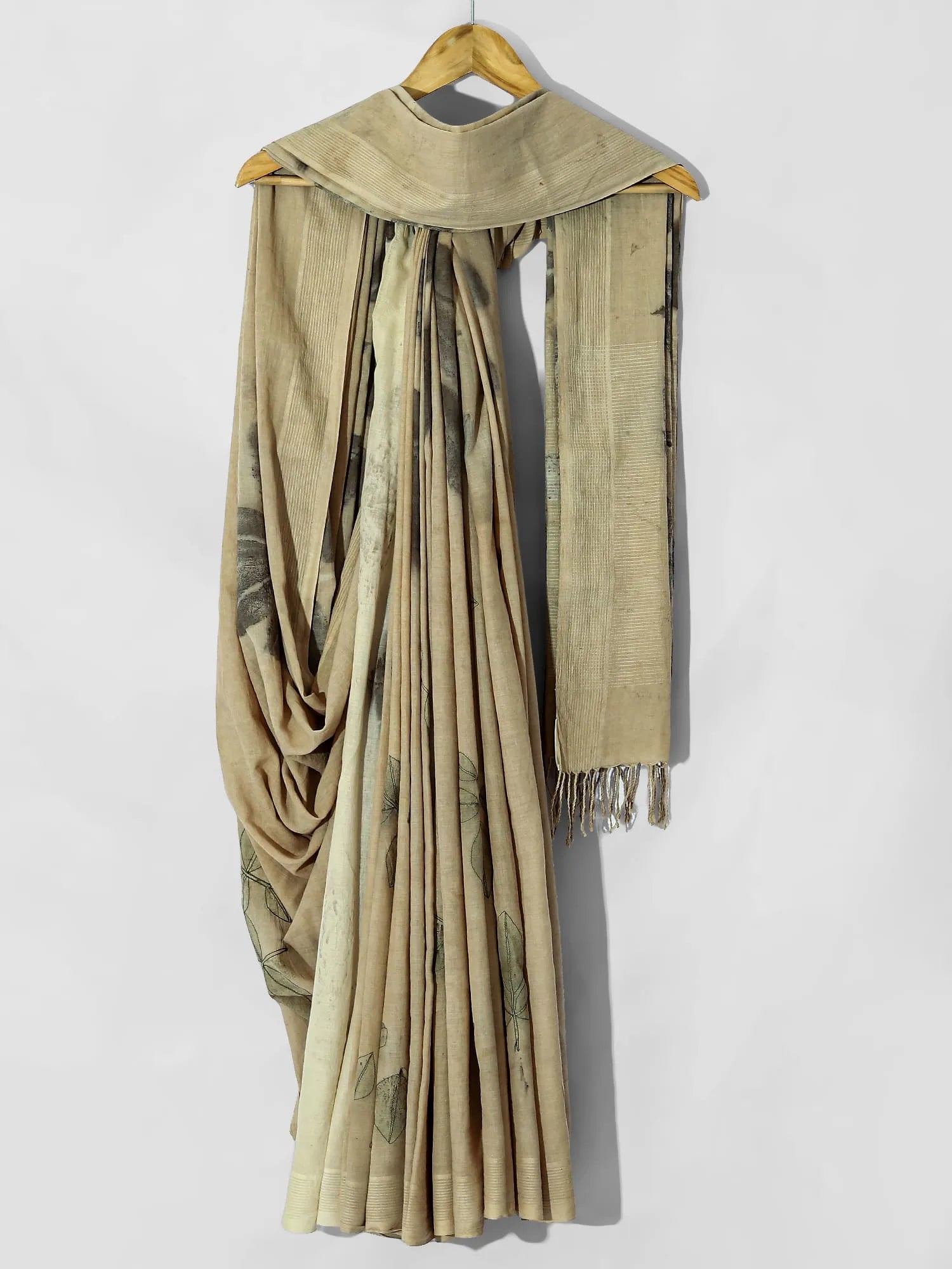 Jamun Whisper Ecoprinted Cotton Saree draped elegant on hanger by kokikar 
