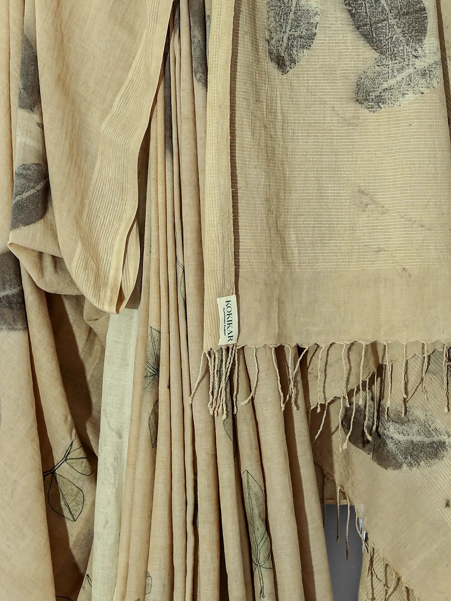 Close up of Jamun Whisper Ecoprinted Cotton Saree by kokikar 
