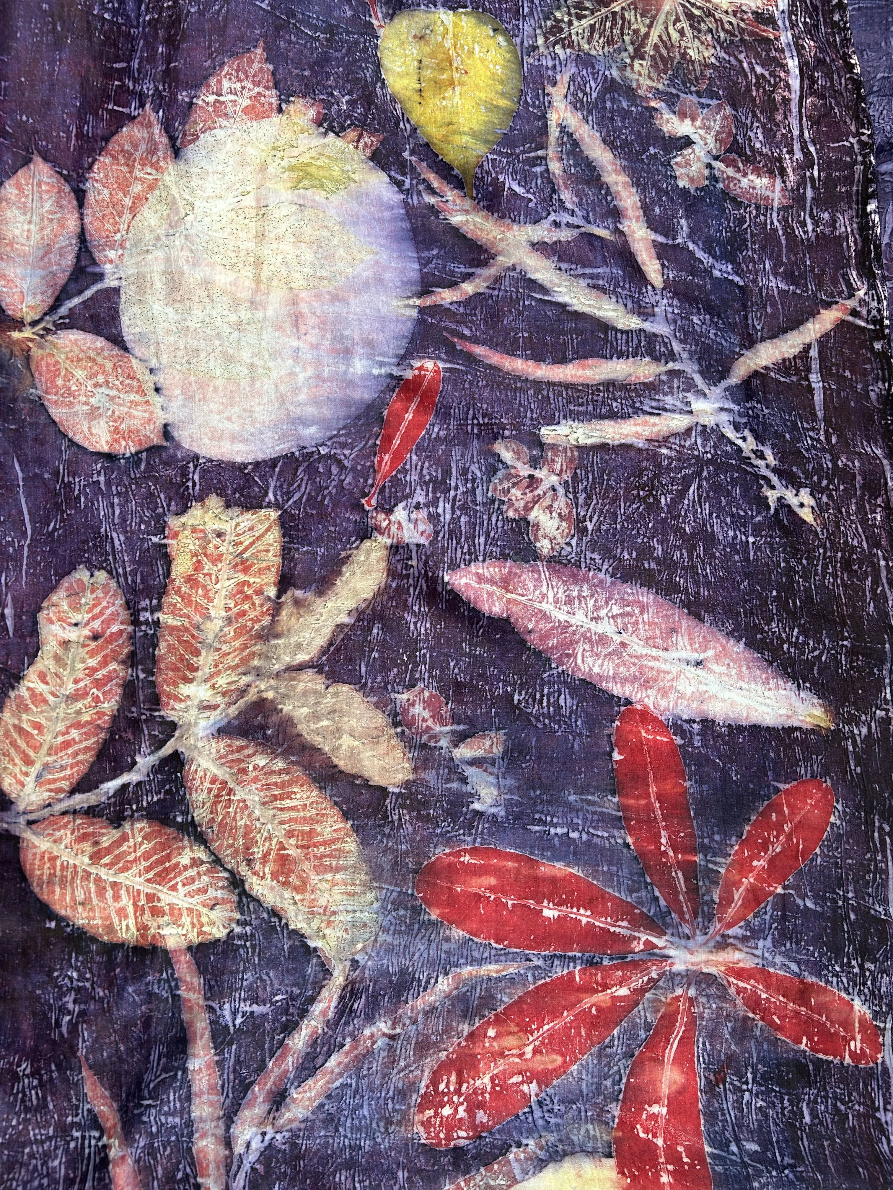 Closeup of Lavender Ecoprinted Pure Silk Scarf kokikar 