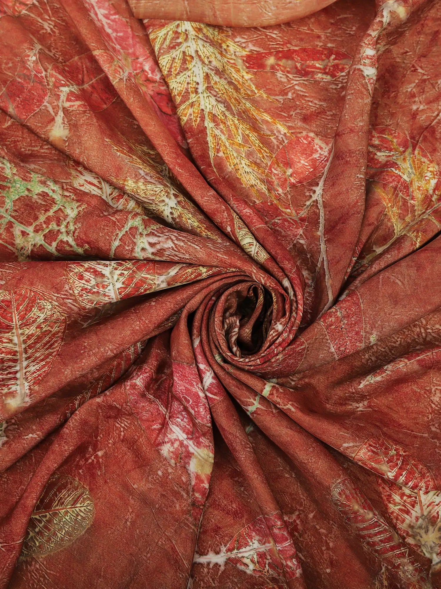 Round close up of Maroon Ecoprinted Silk Saree by kokikar