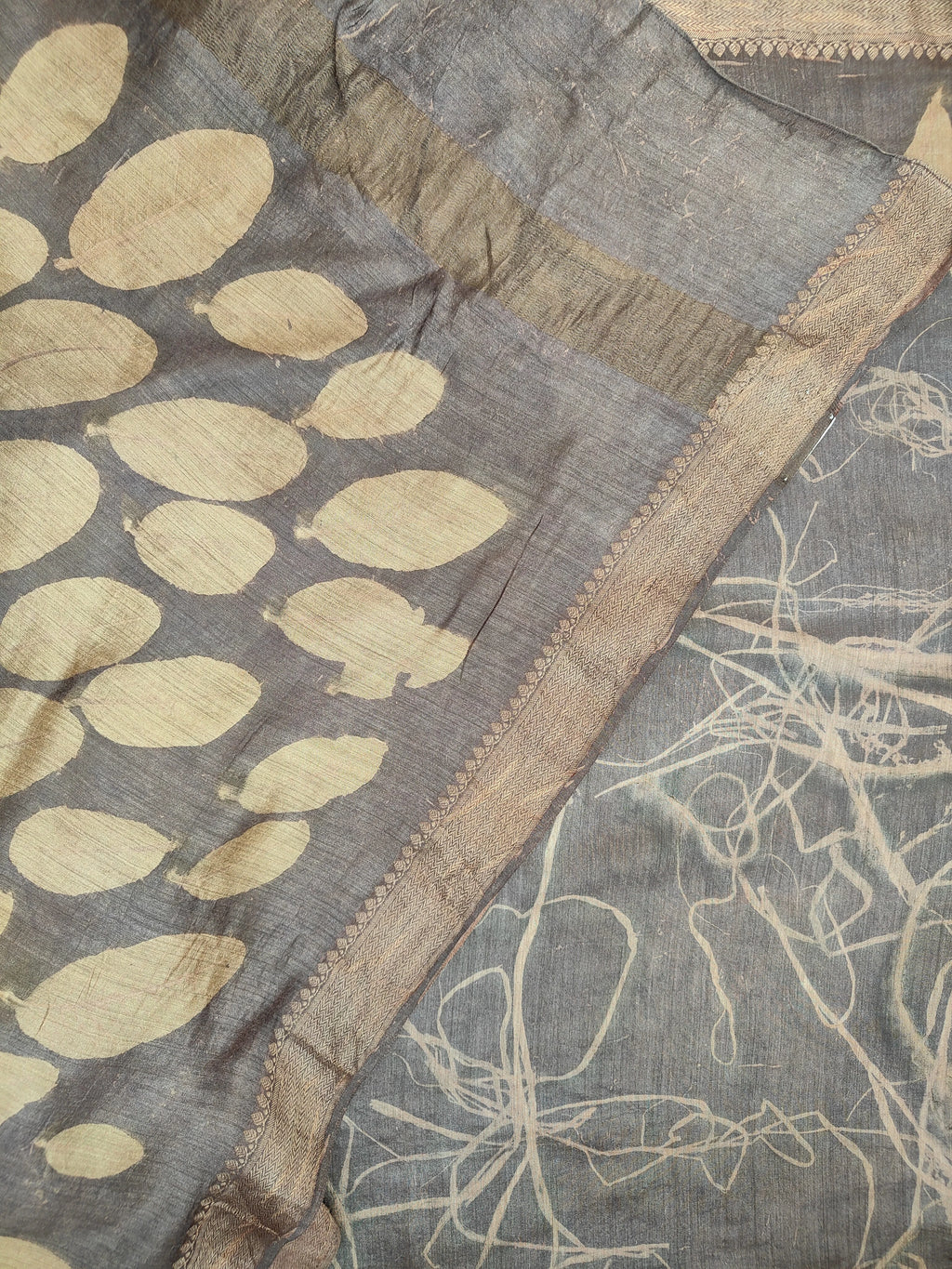 Muga Silk saree ecoprinted with jamun leaves kokikar