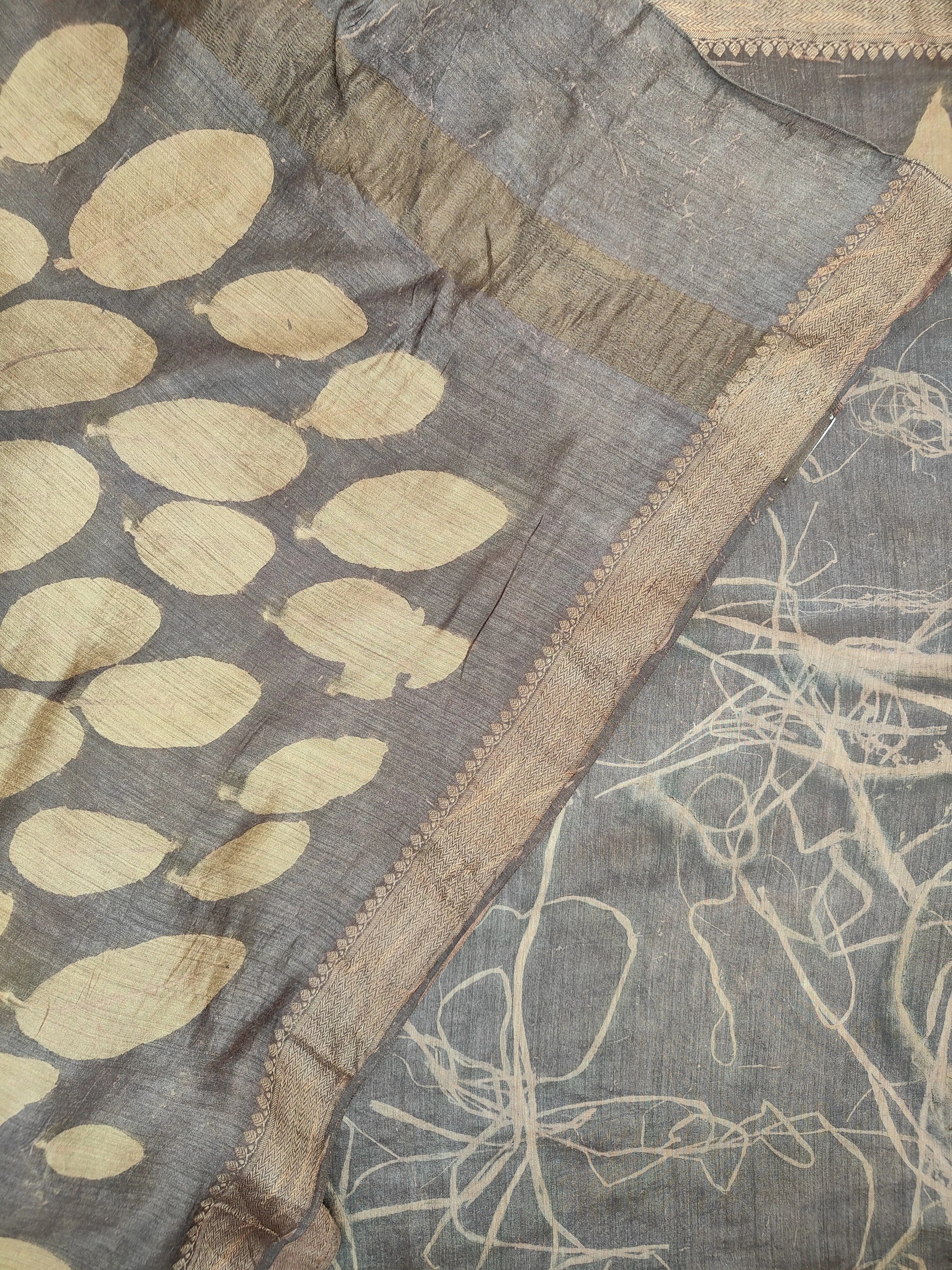 Muga Silk saree ecoprinted with jamun leaves kokikar