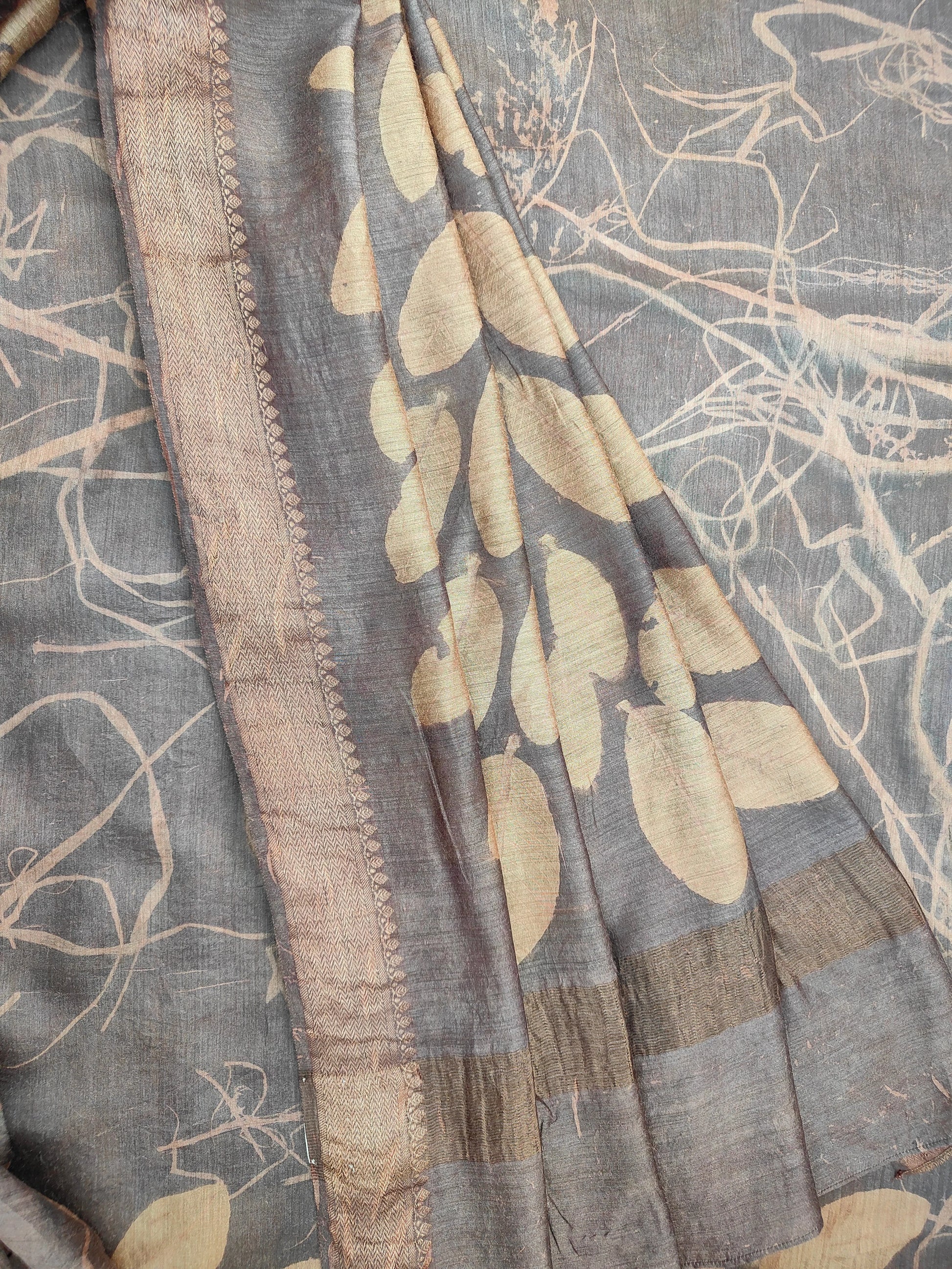 Close up of Muga Silk saree ecoprinted with jamun leaves kokikar