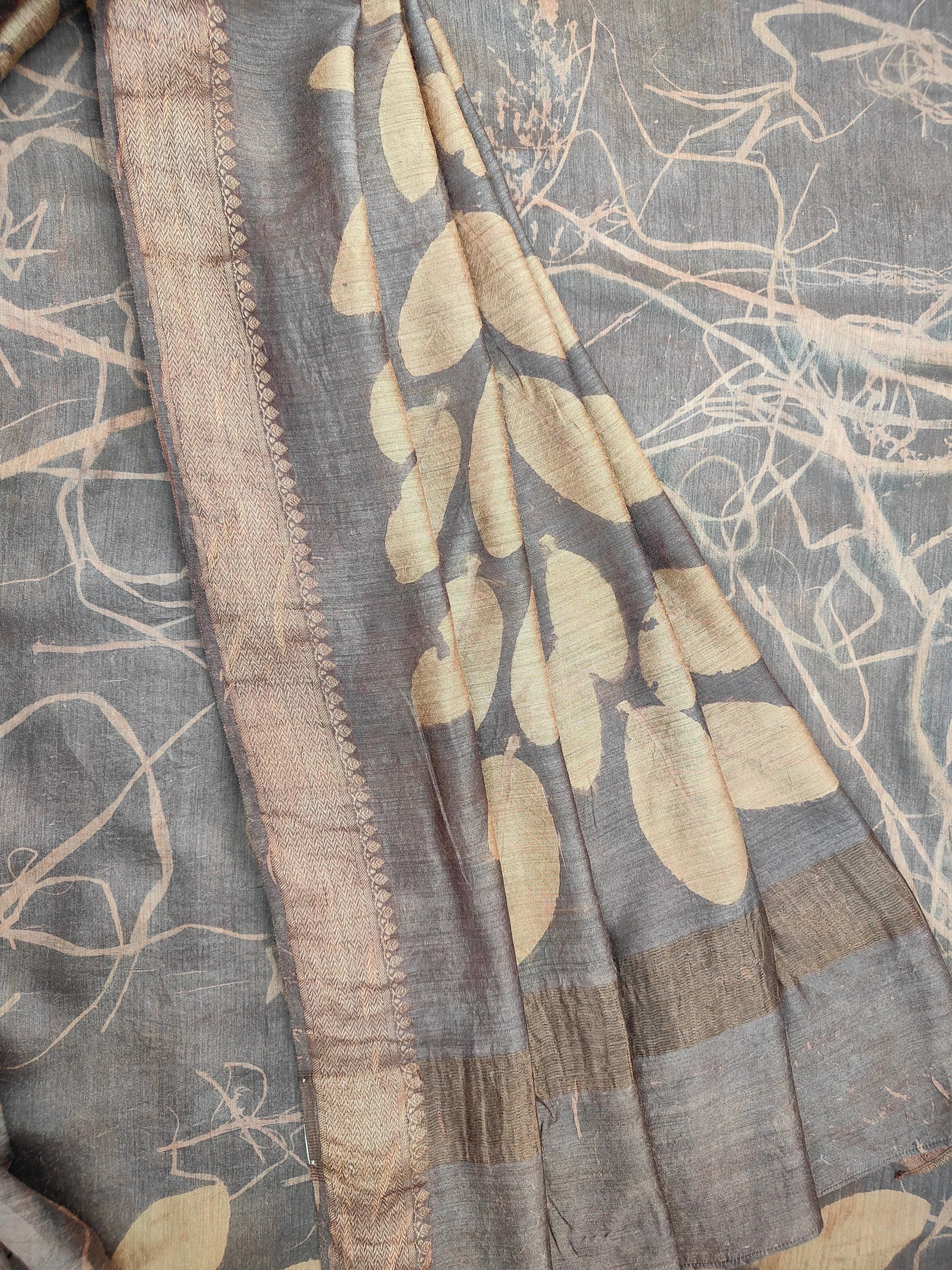 Close up of Muga Silk saree ecoprinted with jamun leaves kokikar