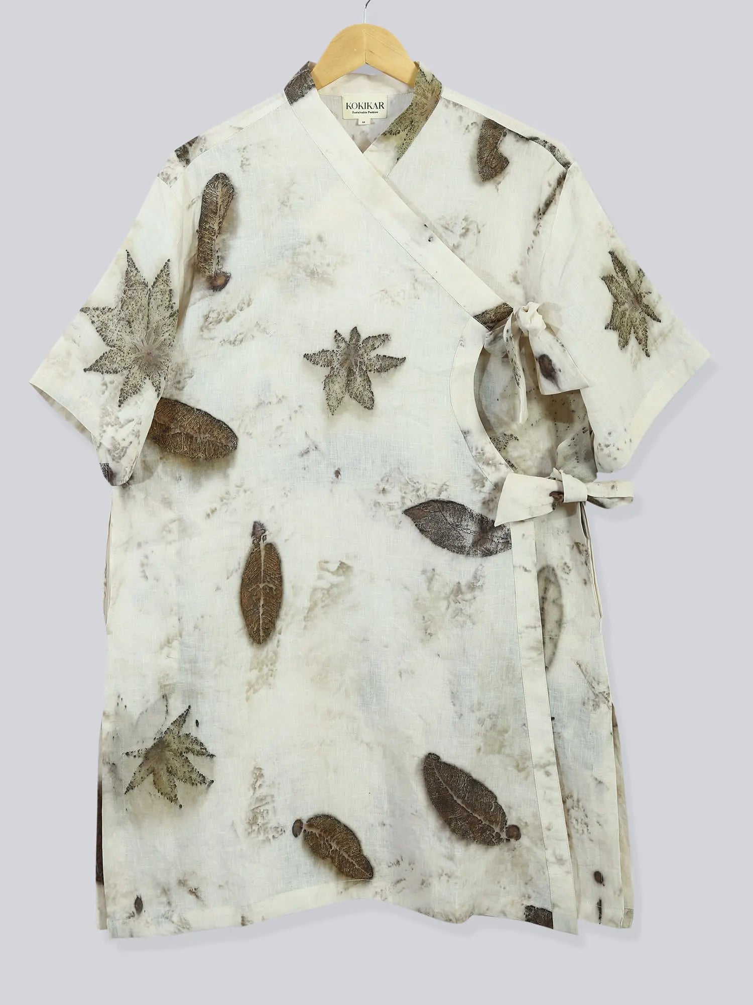Ecoprinted cotton Bagalbandi Kurta on a hanger against a white background