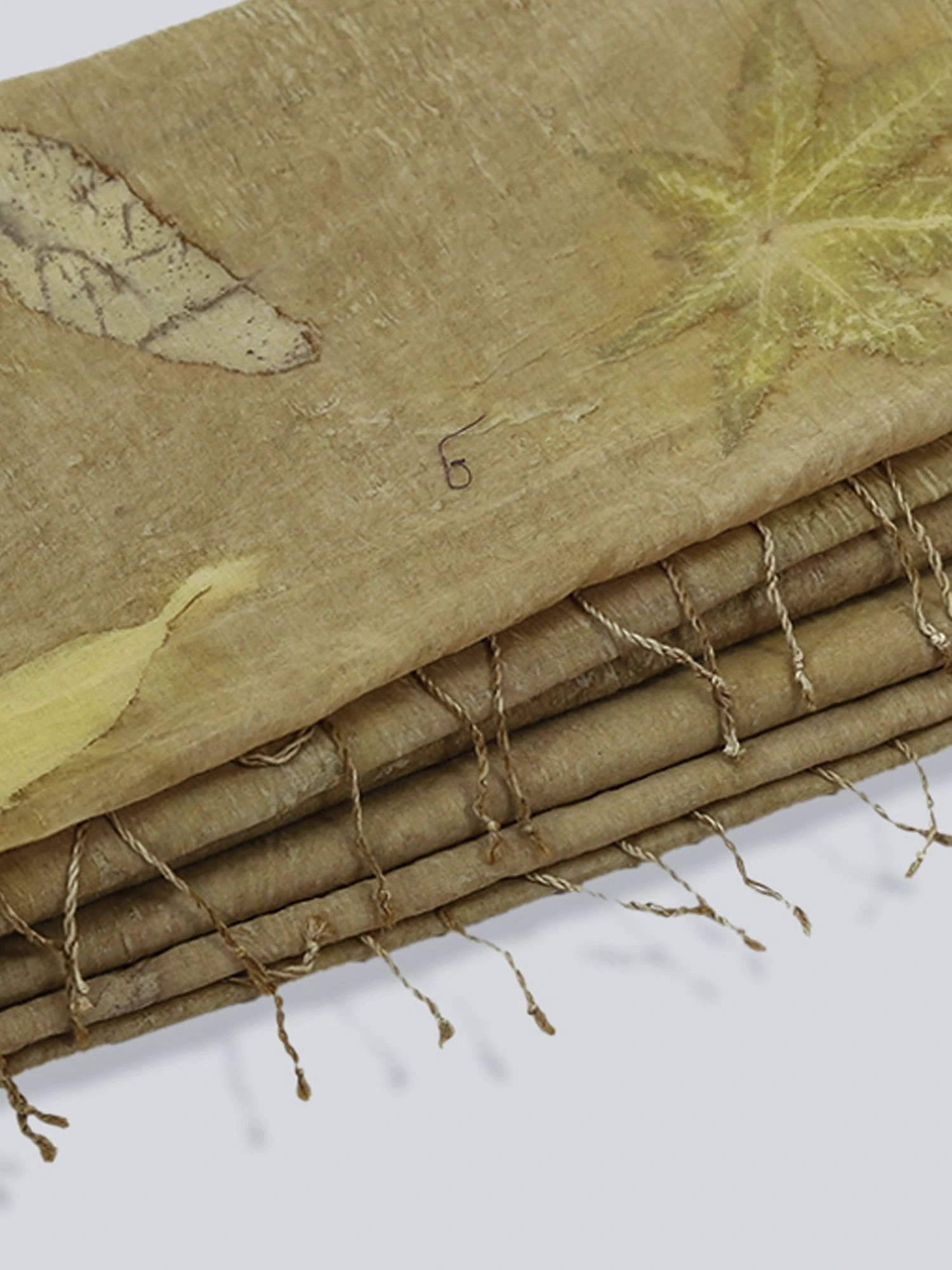 Folded Naturally Dyed Mulmul Ecoprinted Saree by kokikar 